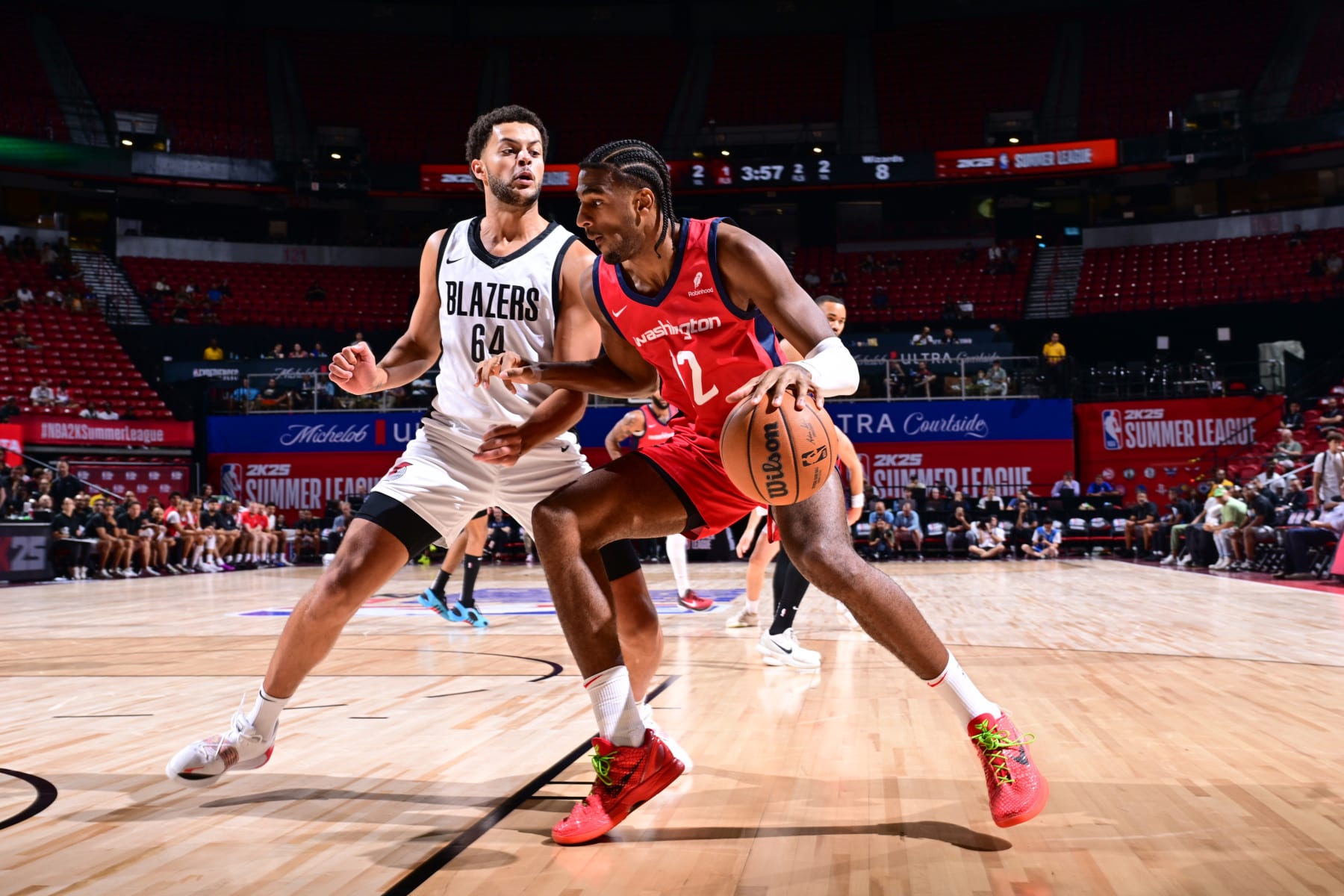 LAS VEGAS, NV - JULY 16:  Alex Sarr #12 of the Washington Wizards goes to the basket during the game on July 16, 2024 at the Thomas & Mack Center in Las Vegas, Nevada. NOTE TO USER: User expressly acknowledges and agrees that, by downloading and or using this photograph, User is consenting to the terms and conditions of the Getty Images License Agreement. Mandatory Copyright Notice: Copyright 2024 NBAE (Photo by Adam Hagy/NBAE via Getty Images)