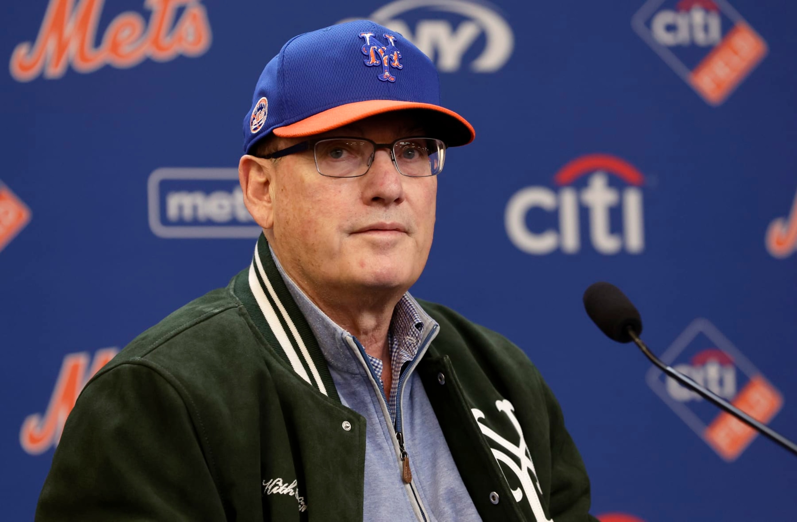 NEW YORK, NEW YORK - MARCH 29: (NEW YORK DAILIES OUT)  New York Mets owner Steve Cohen speaks to the media before the Mets Opening Day game against the Milwaukee Brewers at Citi Field on March 29, 2024 in New York City. The Brewers defeated the Mets 3-1. (Photo by Jim McIsaac/Getty Images)