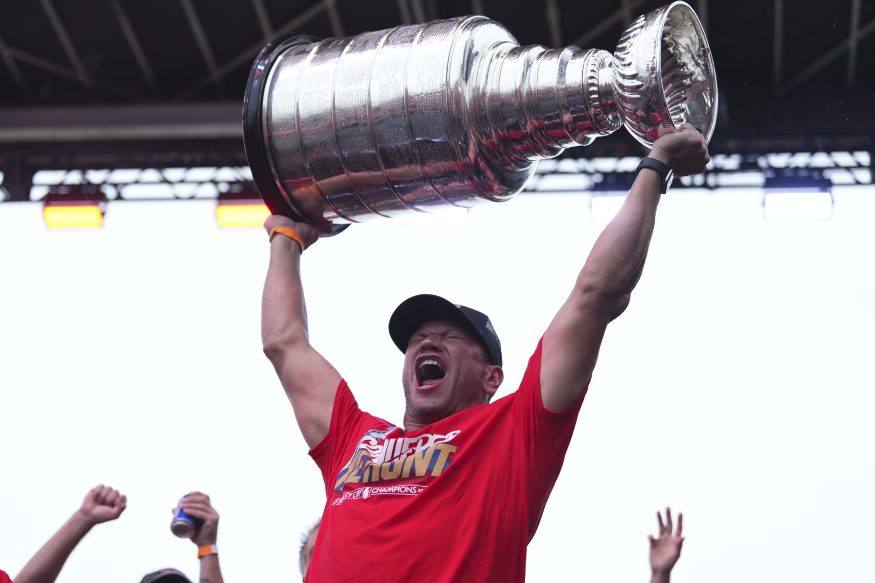FORT LAUDERDALE, FLORIDA - JUNE 30: Kyle Okposo #8 of the Florida Panthers hoists the Stanley Cup during the celebration for the Florida Panthers win of the Stanley Cup on June 30, 2024 in Fort Lauderdale, Florida. (Photo by Rich Storry/Getty Images)