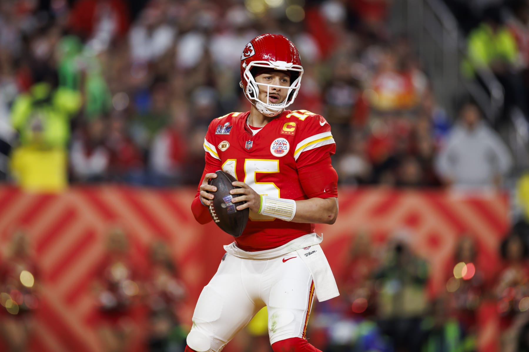 LAS VEGAS, NEVADA - FEBRUARY 11: Patrick Mahomes #15 of the Kansas City Chiefs drops back and looks to throw a pass during Super Bowl LVIII against the San Francisco 49ers at Allegiant Stadium on February 11, 2024 in Las Vegas, Nevada. (Photo by Ryan Kang/Getty Images)