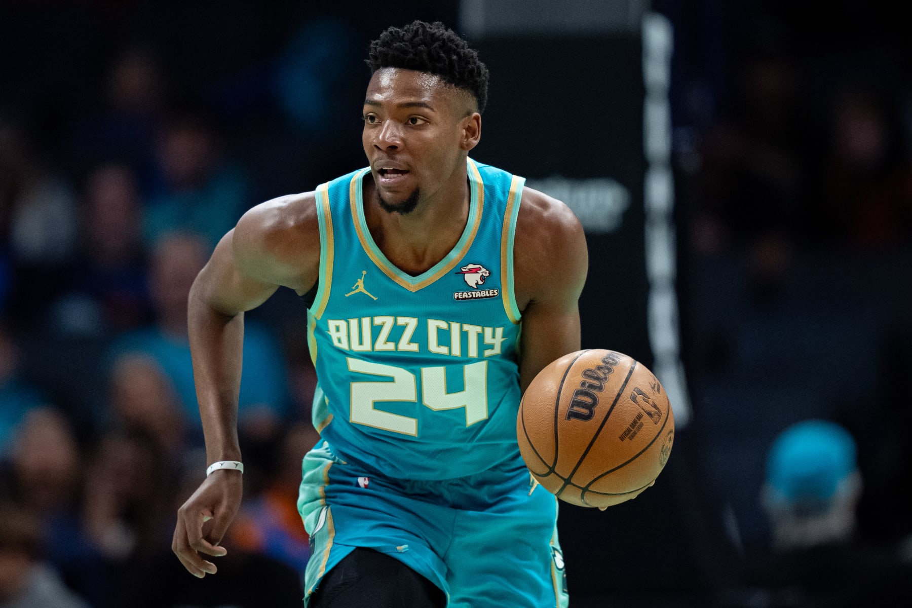 CHARLOTTE, NORTH CAROLINA - APRIL 07: Brandon Miller #24 of the Charlotte Hornets brings the ball up court against the Oklahoma City Thunder during their game at Spectrum Center on April 07, 2024 in Charlotte, North Carolina. NOTE TO USER: User expressly acknowledges and agrees that, by downloading and or using this photograph, User is consenting to the terms and conditions of the Getty Images License Agreement. (Photo by Jacob Kupferman/Getty Images)