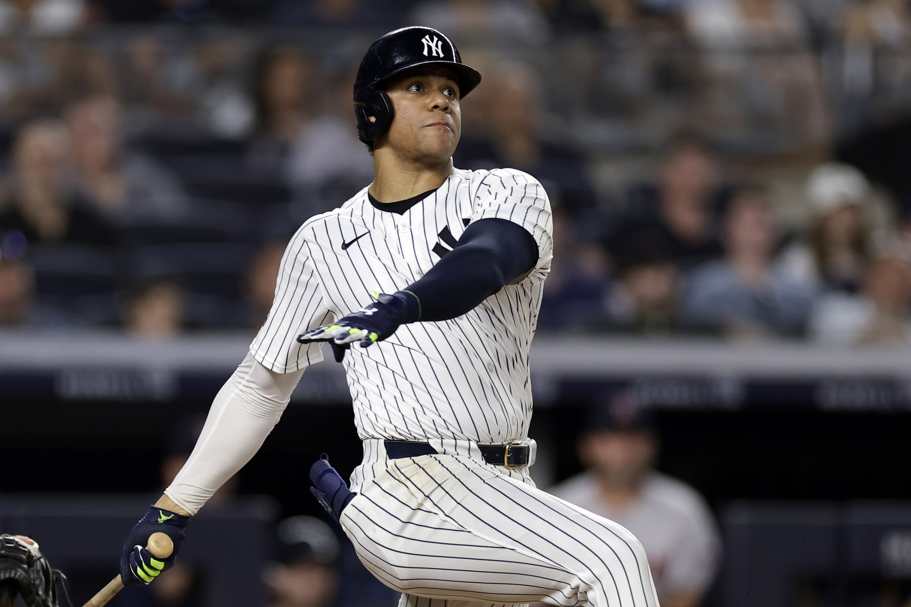 NEW YORK, NEW YORK - JULY 07: Juan Soto #22 of the New York Yankees in action during the ninth inning against the Boston Red Sox at Yankee Stadium on July 7, 2024 in New York City. The Red Sox won 3-0. (Photo by Adam Hunger/Getty Images)