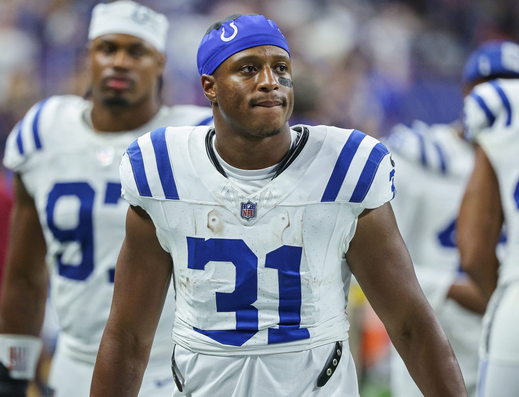 INDIANAPOLIS, INDIANA - AUGUST 19: Kenyan Drake #31 of the Indianapolis Colts is seen following the preseason game against the Chicago Bears at Lucas Oil Stadium on August 19, 2023 in Indianapolis, Indiana. (Photo by Michael Hickey/Getty Images)