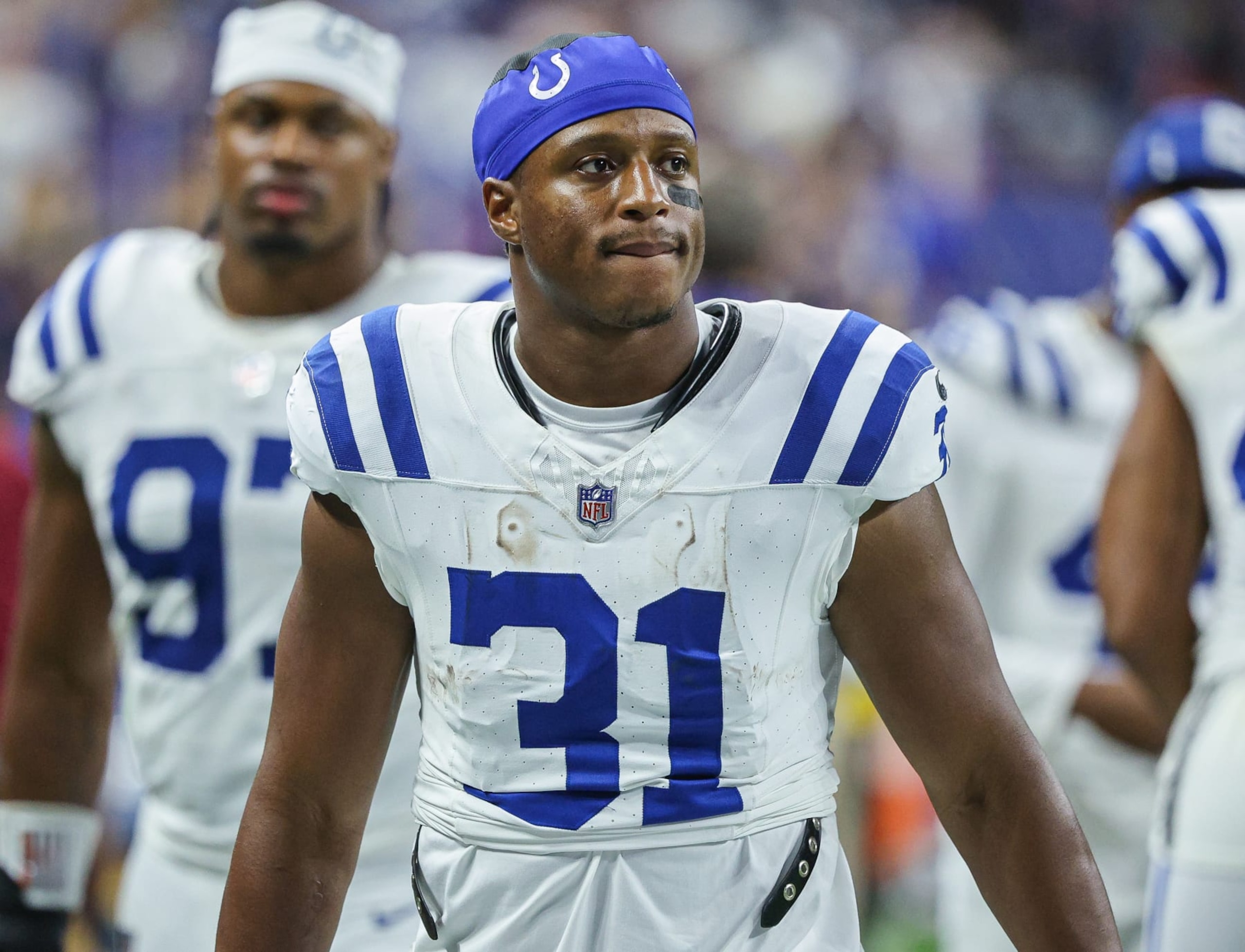 INDIANAPOLIS, INDIANA - AUGUST 19: Kenyan Drake #31 of the Indianapolis Colts is seen following the preseason game against the Chicago Bears at Lucas Oil Stadium on August 19, 2023 in Indianapolis, Indiana. (Photo by Michael Hickey/Getty Images)