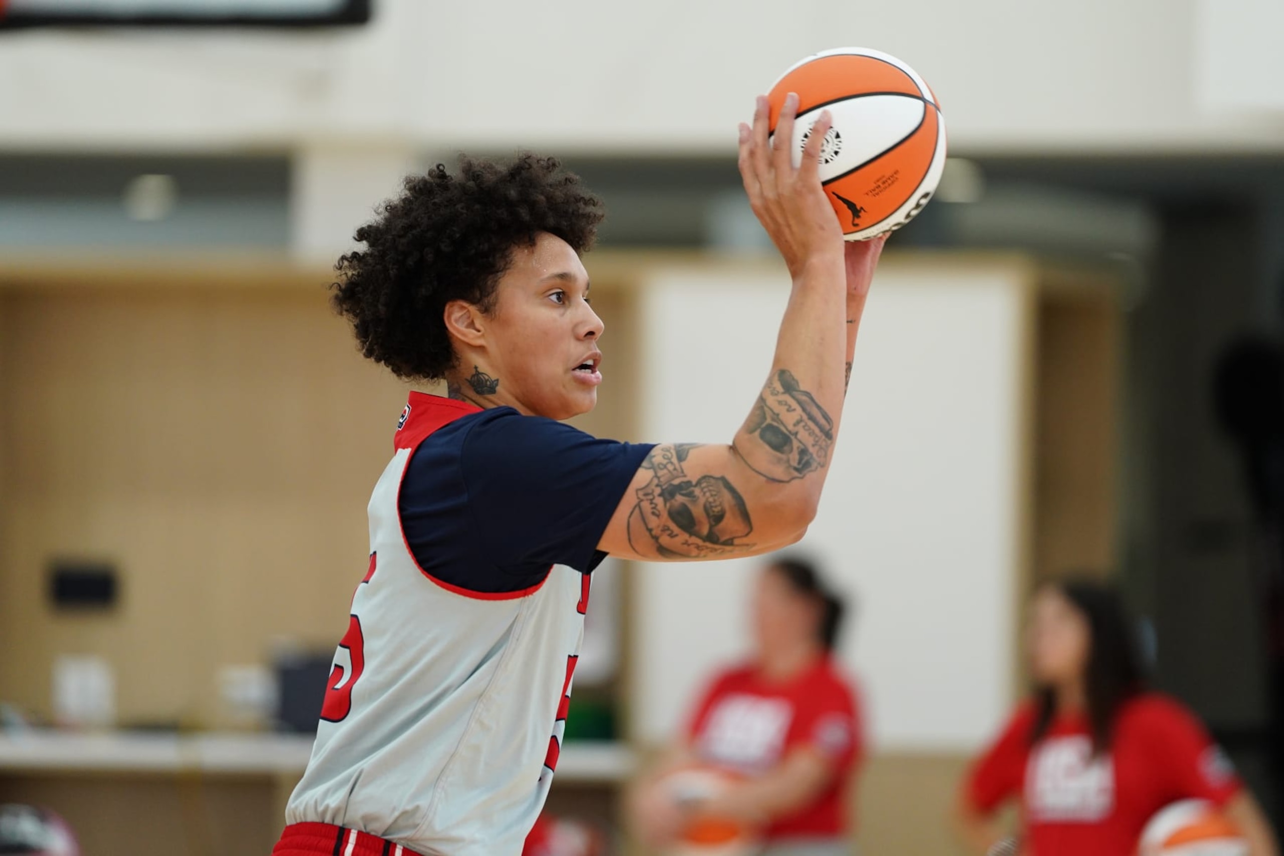 PHOENIX, AZ - JULY 18: Brittney Griner warms up during USAB Women's Practice as part of WNBA All-Star game on July 18, 2024 at the Phoenix Mercury Practice Facility in Phoenix, Arizona. NOTE TO USER: User expressly acknowledges and agrees that, by downloading and or using this photograph, user is consenting to the terms and conditions of the Getty Images License Agreement. Mandatory Copyright Notice: Copyright 2024 NBAE (Photo by Catalina Fragoso/NBAE via Getty Images) PHOENIX, AZ - JULY 18: Brittney Griner warms up during USAB Women's Practice as part of WNBA All-Star game on July 18, 2024 at the Phoenix Mercury Practice Facility in Phoenix, Arizona. NOTE TO USER: User expressly acknowledges and agrees that, by downloading and or using this photograph, user is consenting to the terms and conditions of the Getty Images License Agreement. Mandatory Copyright Notice: Copyright 2024 NBAE (Photo by Catalina Fragoso/NBAE via Getty Images)