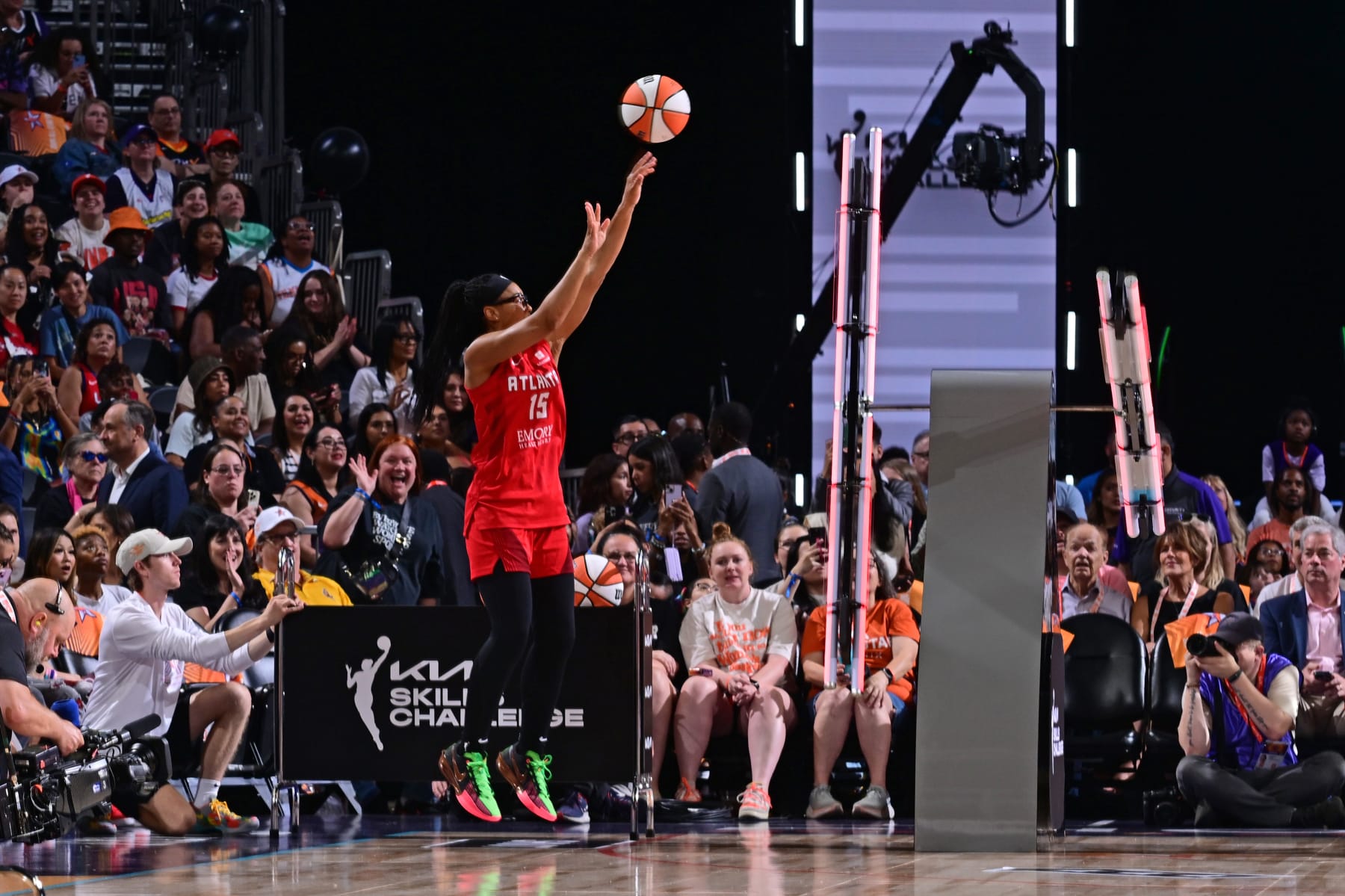 PHOENIX, AZ - JULY 19: Allisha Gray #15 of the Atlanta Dream participates in the Kia Skills Challenge on July 19, 2024 at Footprint Center in Phoenix, Arizona. NOTE TO USER: User expressly acknowledges and agrees that, by downloading and/or using this Photograph, user is consenting to the terms and conditions of the Getty Images License Agreement. Mandatory Copyright Notice: Copyright 2024 NBAE (Photo by Kate Frese/NBAE via Getty Images)