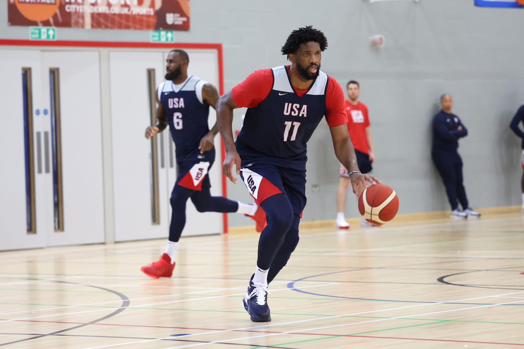 LONDON, ENGLAND - JULY 19: Joel Embiid #11 of Team USA dribbles the ball during practice as part of 2024 USA Basketball Showcase on July 19, 2024 in London, England as part of the 2024 USA Basketball Showcase. NOTE TO USER: User expressly acknowledges and agrees that, by downloading and/or using this photograph, user is consenting to the terms and conditions of the Getty Images License Agreement. Mandatory Copyright Notice: Copyright 2024 NBAE (Photo by Joe Murphy/NBAE via Getty Images)