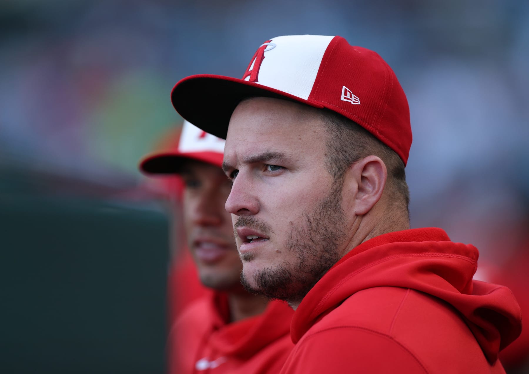 ANAHEIM, CALIFORNIA - JUNE 05: Mike Trout #27 of the Los Angeles Angels in the dugout during the game against the San Diego Padres at Angel Stadium of Anaheim on June 05, 2024 in Anaheim, California. (Photo by Harry How/Getty Images)