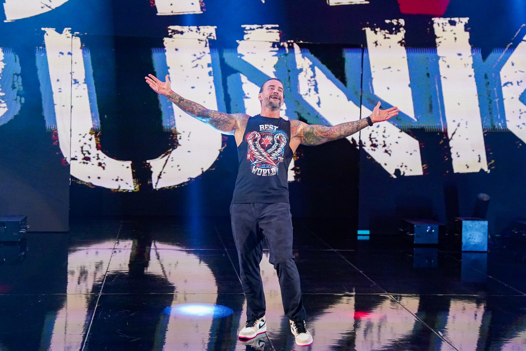 OTTAWA, CANADA - JULY 8: CM Punk enters the arena during Monday Night RAW at Canadian Tire Centre on July 8, 2024 in Ottawa, Ontario. (Photo by WWE/Getty Images)