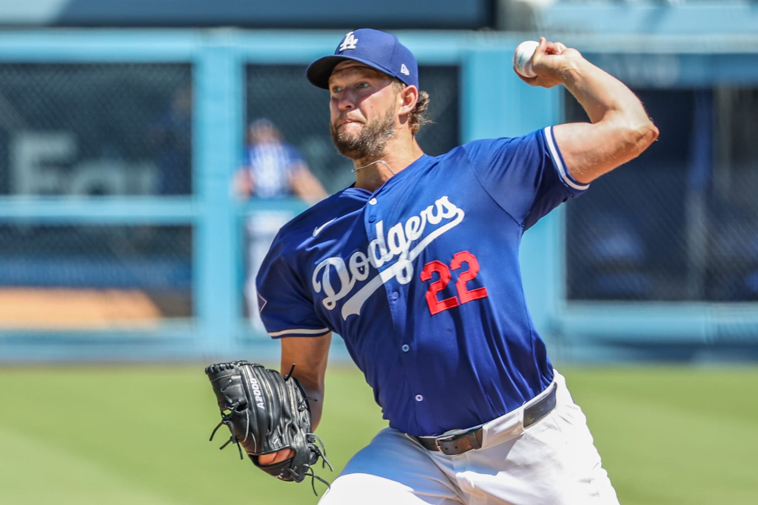 Los Angeles, CA, Sunday, July 7, 2024 - Dodgers pitcher Clayton Kershaw pitches from the mound at Dodger Stadium hours before a game against the Brewers as he continues to rehab from shoulder surgery. (Robert Gauthier/Los Angeles Times via Getty Images) Los Angeles, CA, Sunday, July 7, 2024 - Dodgers pitcher Clayton Kershaw pitches from the mound at Dodger Stadium hours before a game against the Brewers as he continues to rehab from shoulder surgery. (Robert Gauthier/Los Angeles Times via Getty Images)