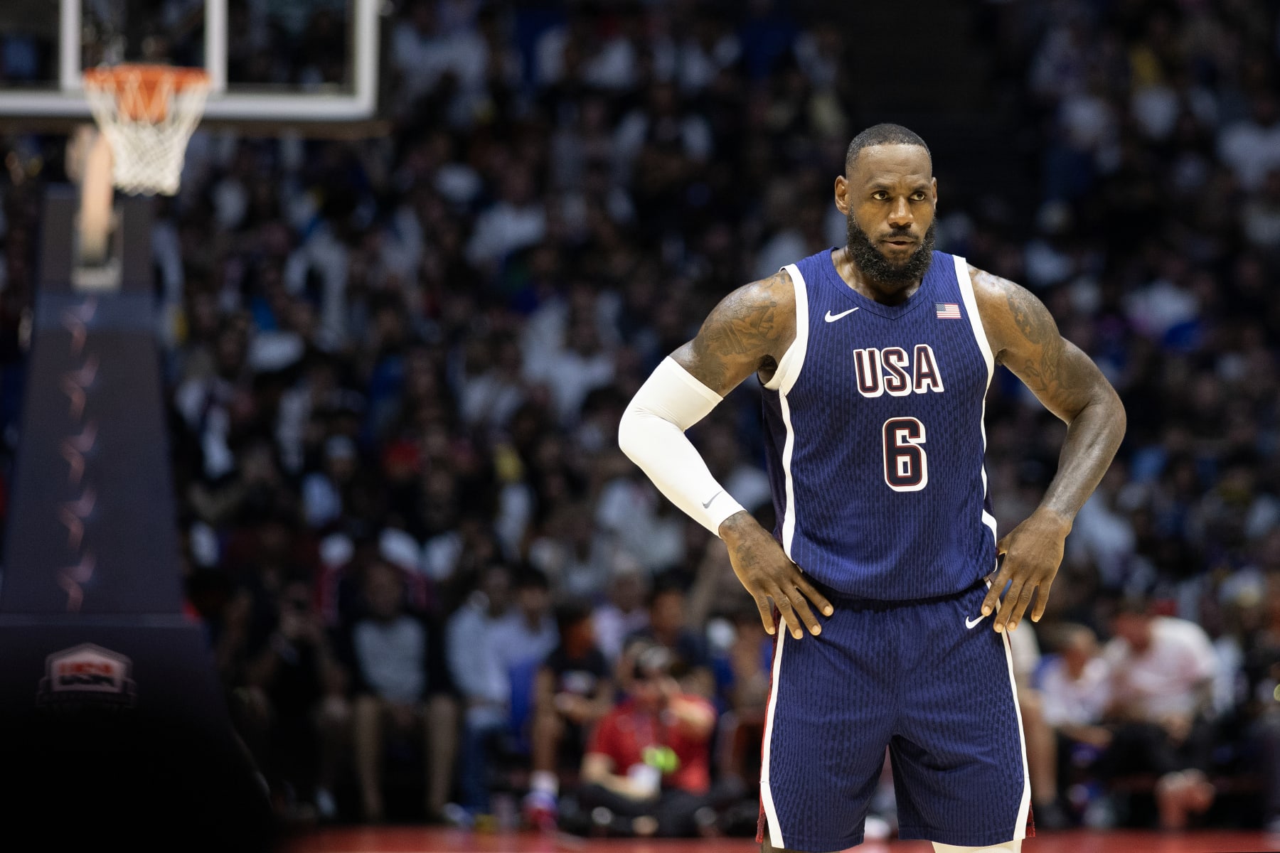 LONDON, ENGLAND: JULY 20: LeBron James #6 of United States during the United States V South Sudan USA basketball showcase at The O2 Arena on July 20th, 2024 in London, England. (Photo by Tim Clayton/Corbis via Getty Images) LONDON, ENGLAND: JULY 20: LeBron James #6 of United States during the United States V South Sudan USA basketball showcase at The O2 Arena on July 20th, 2024 in London, England. (Photo by Tim Clayton/Corbis via Getty Images)