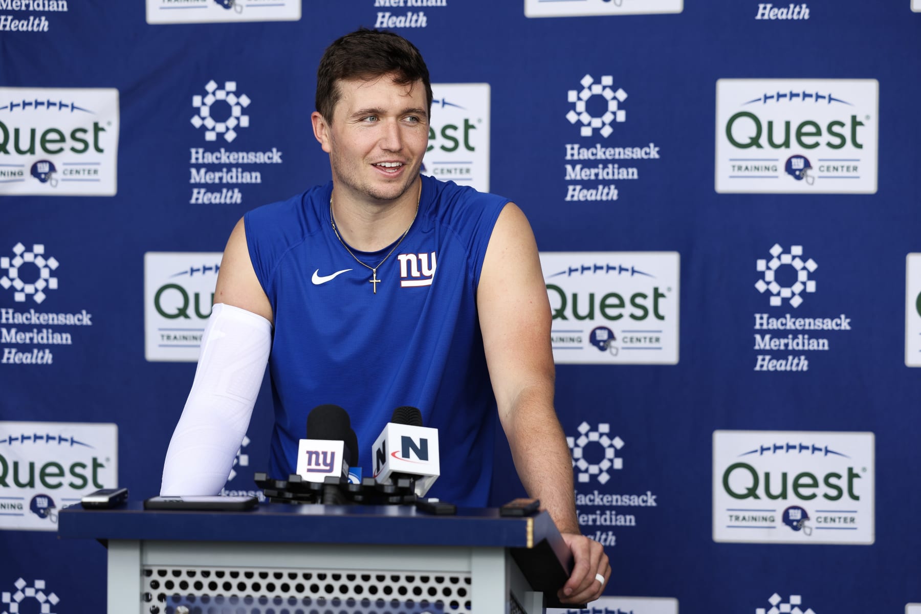 EAST RUTHERFORD, NEW JERSEY - MAY 30: Drew Lock #2 of the New York Giants speaks to the media during OTA Offseason Workouts at NY Giants Quest Diagnostics Training Center on May 30, 2024 in East Rutherford, New Jersey. (Photo by Luke Hales/Getty Images)