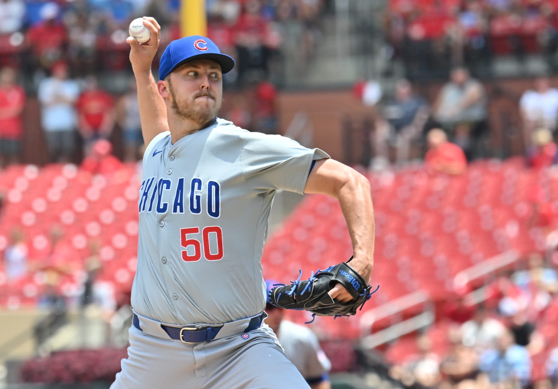 ST. LOUIS, MO - JULY 14: Chicago Cubs starting pitcher Jameson Taillon (50)  pitches in the first inning during a MLB game between the Chicago Cubs and the St. Louis Cardinals on July 14, 2024, at Busch Stadium, St. Louis, MO..  (Photo by Keith Gillett/Icon Sportswire via Getty Images)