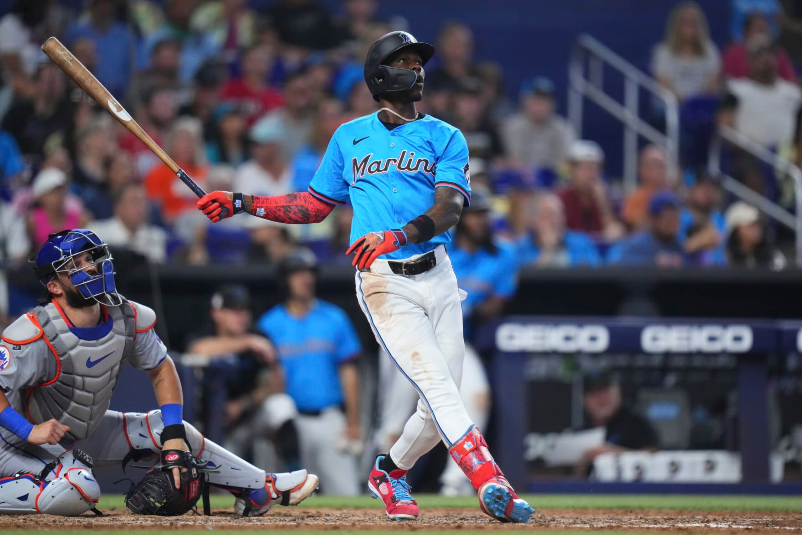 MIAMI, FLORIDA - JULY 21: Jazz Chisholm Jr. #2 of the Miami Marlins hits a home run against the New York Mets during the fourth inning at loanDepot park on July 21, 2024 in Miami, Florida. (Photo by Rich Storry/Getty Images)