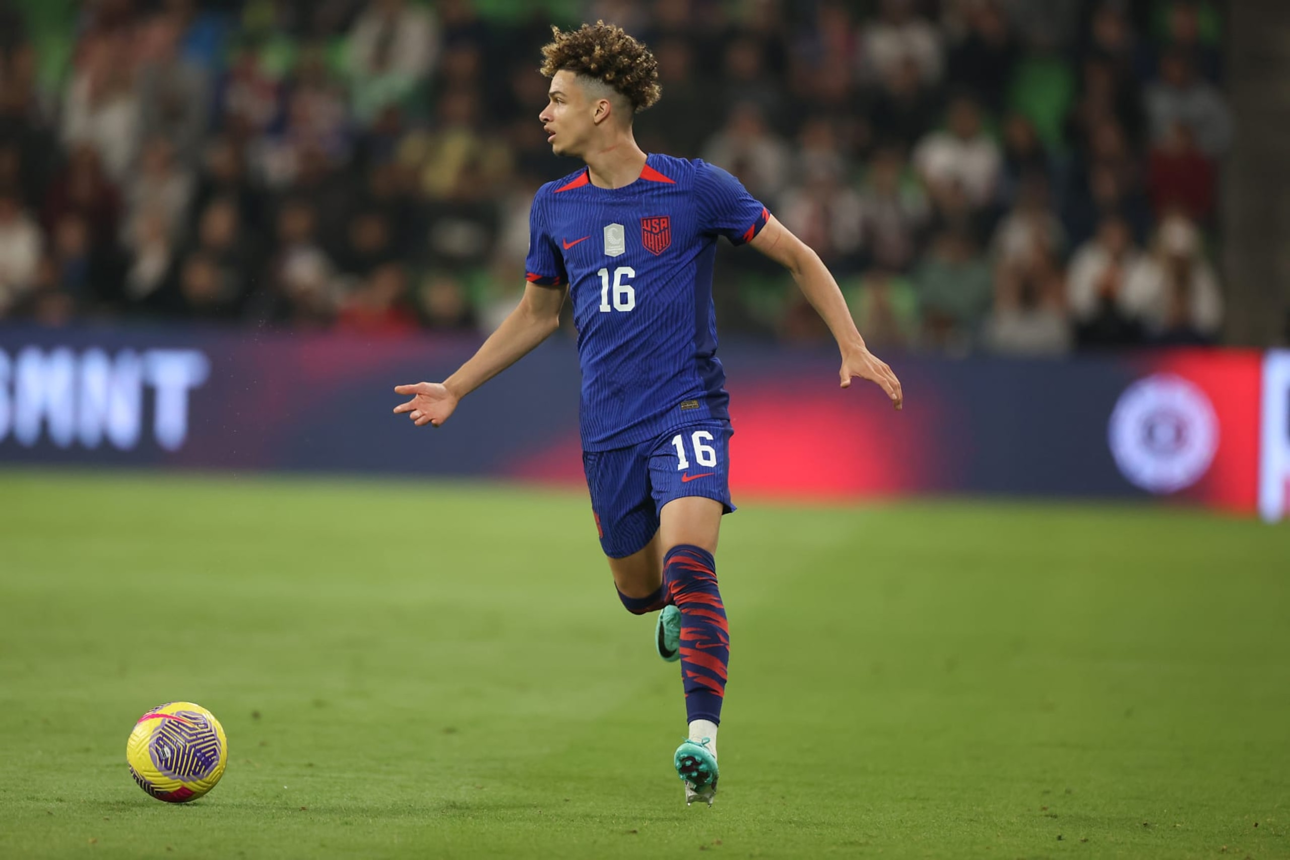 AUSTIN, TEXAS - NOVEMBER 16: Kevin Paredes #16 of United States drives the ball during the CONCACAF Nations League Quarterfinal - Leg One between Trinidad & Tobago and United States at Q2 Stadium on November 16, 2023 in Austin, Texas. (Photo by Omar Vega/Getty Images)