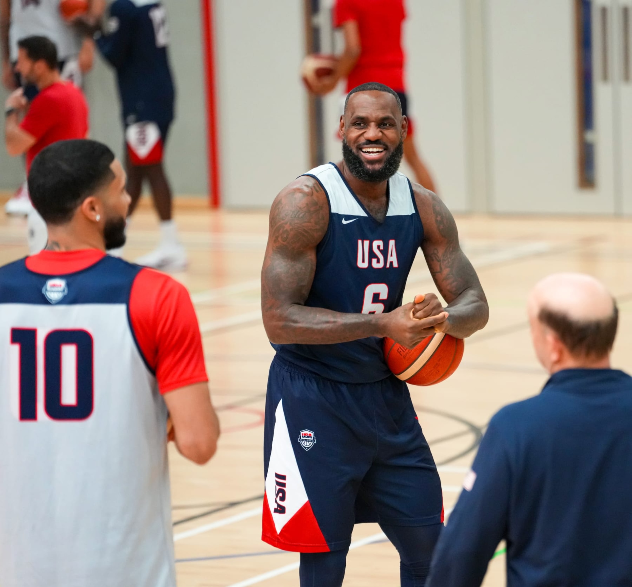 LONDON, ENGLAND - JULY 21: LeBron James of the USA Men's National Team smiles during practice as part of the 2024 USA Basketball Showcase on July 21, 2024 in London, England at City Sport. NOTE TO USER: User expressly acknowledges and agrees that, by downloading and/or using this photograph, user is consenting to the terms and conditions of the Getty Images License Agreement. Mandatory Copyright Notice: Copyright 2024 NBAE (Photo by Ryan Stetz/NBAE via Getty Images)