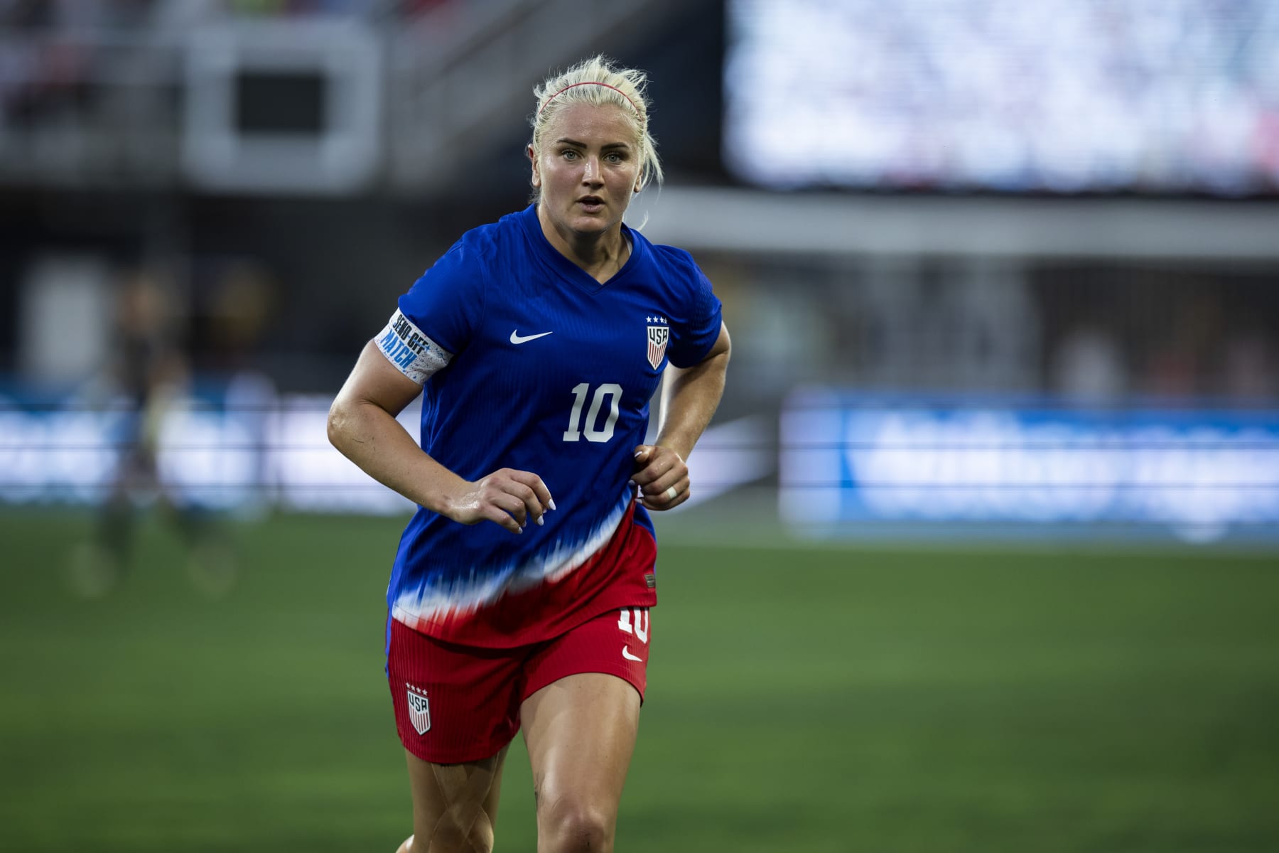 WASHINGTON, DC - JULY 16: Captain Lindsey Horan #10 of United States runs down the pitch in the first half of the International Friendly for the 2024 Olympics Send Off Match between the United States and Costa Rica at Audi Field on July 16, 2024 in Washington, DC. (Photo by Ira L. Black - Corbis/Getty Images)