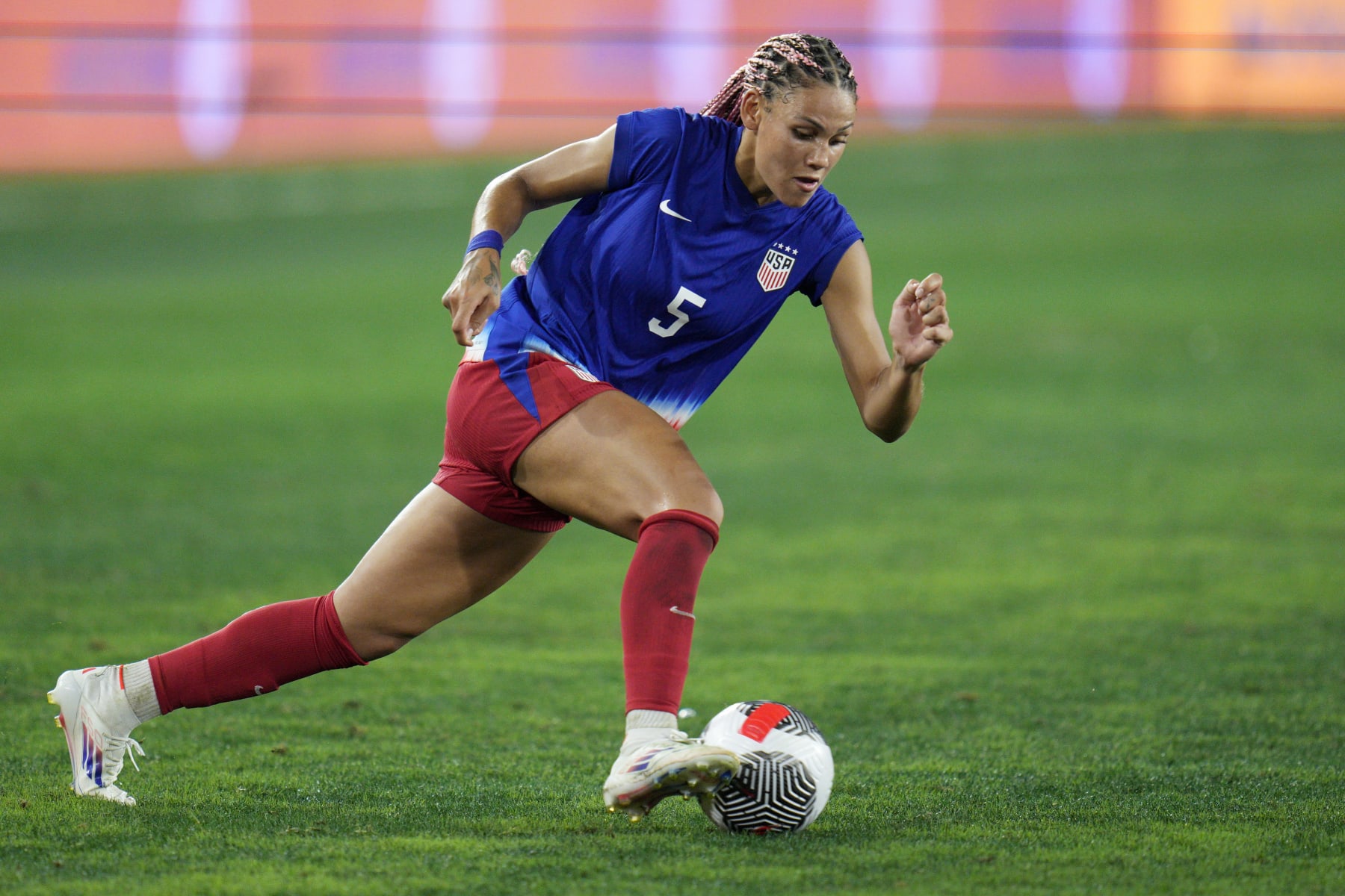 WASHINGTON, DC - JULY 16: Trinity Rodman #5 of United States controls the ball during the second half against Costa Rica at Audi Field on July 16, 2024 in Washington, DC. (Photo by Jess Rapfogel/USSF/Getty Images for USSF)