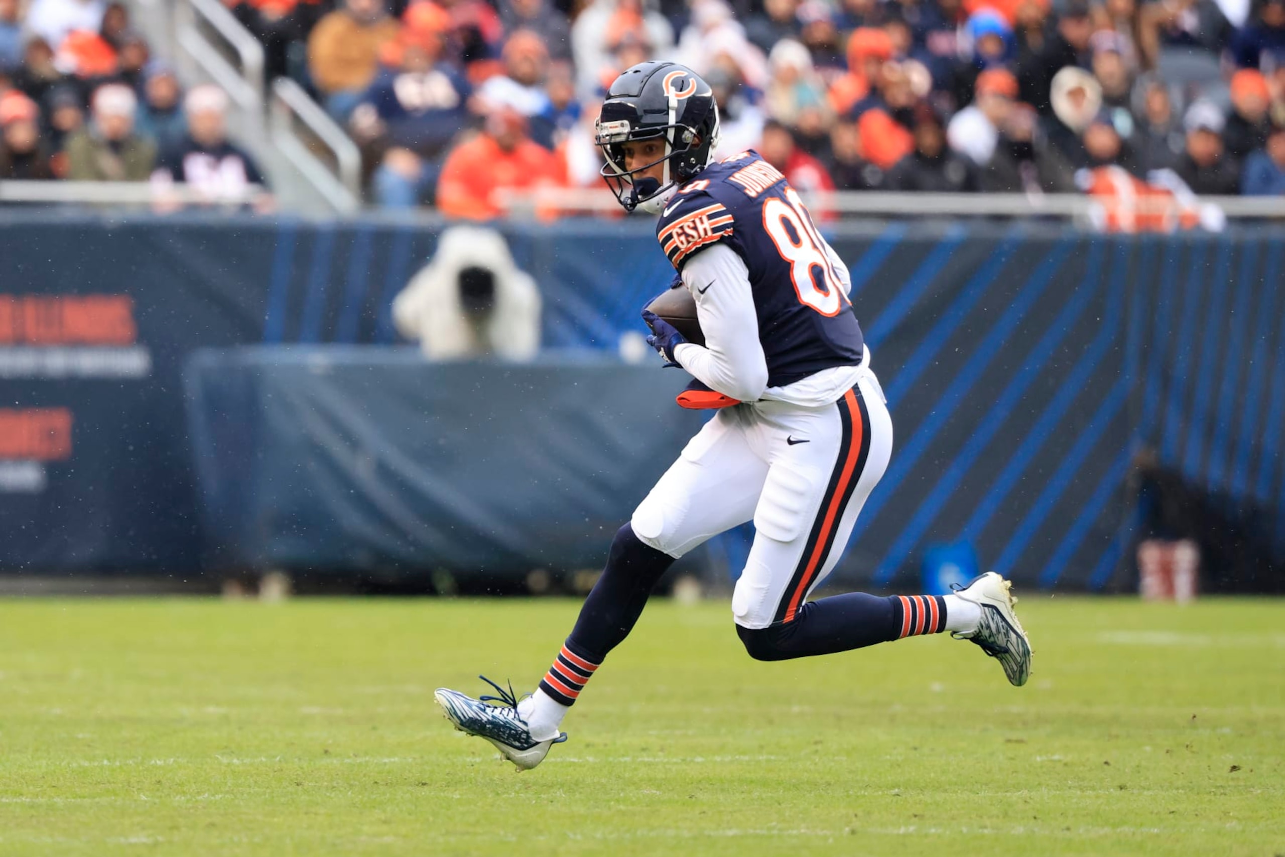 CHICAGO, ILLINOIS - DECEMBER 31: Collin Johnson #80 of the Chicago Bears runs the ball after a catch in the game against the Atlanta Falcons at Soldier Field on December 31, 2023 in Chicago, Illinois. (Photo by Justin Casterline/Getty Images) CHICAGO, ILLINOIS - DECEMBER 31: Collin Johnson #80 of the Chicago Bears runs the ball after a catch in the game against the Atlanta Falcons at Soldier Field on December 31, 2023 in Chicago, Illinois. (Photo by Justin Casterline/Getty Images)