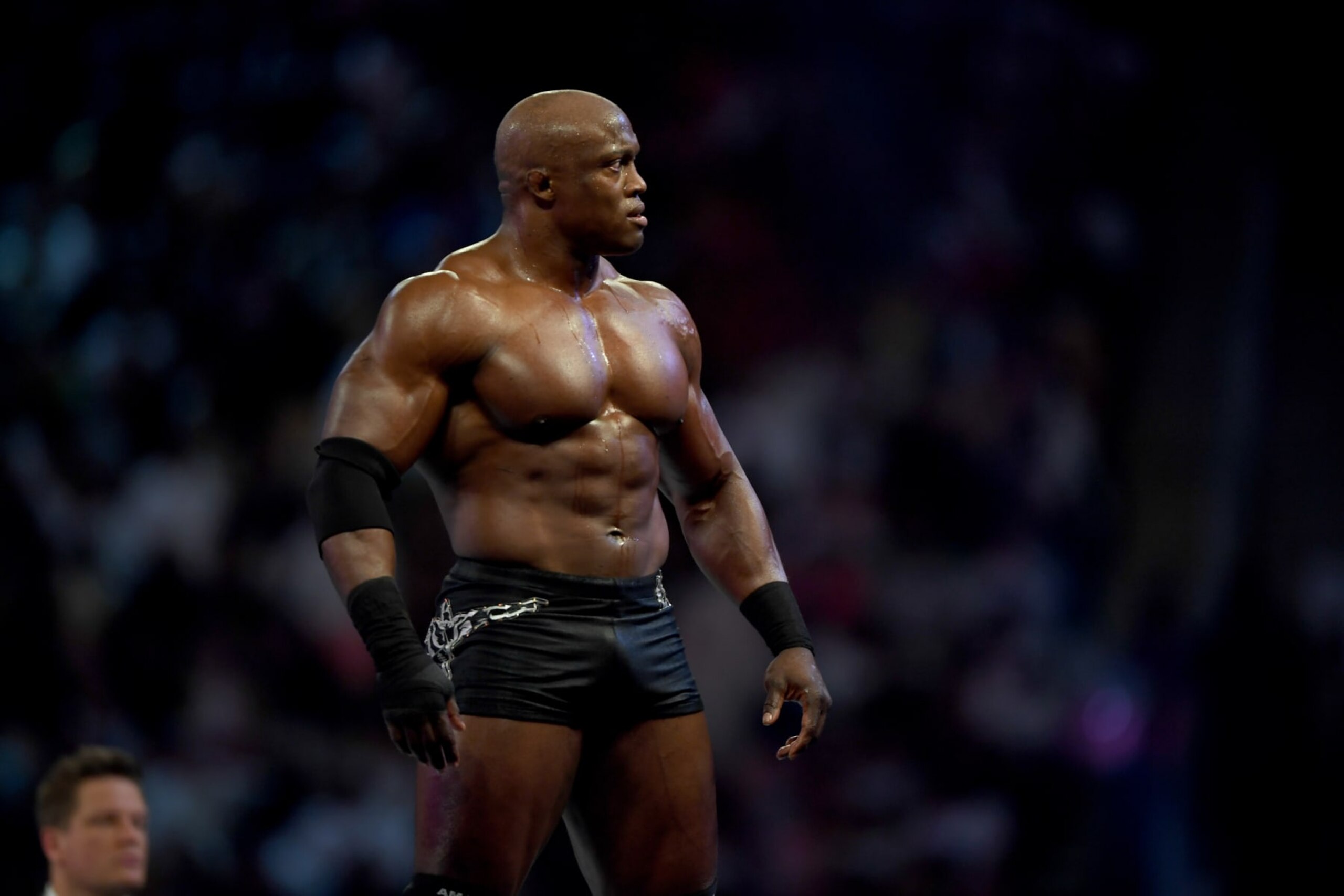 US wrestler Bobby Lashley (R) is pictured on the ring during the World Wrestling Entertainment (WWE) Super Showdown event in the Saudi Red Sea port city of Jeddah late on January 7, 2019. (Photo by Amer HILABI / AFP)        (Photo credit should read AMER HILABI/AFP via Getty Images)