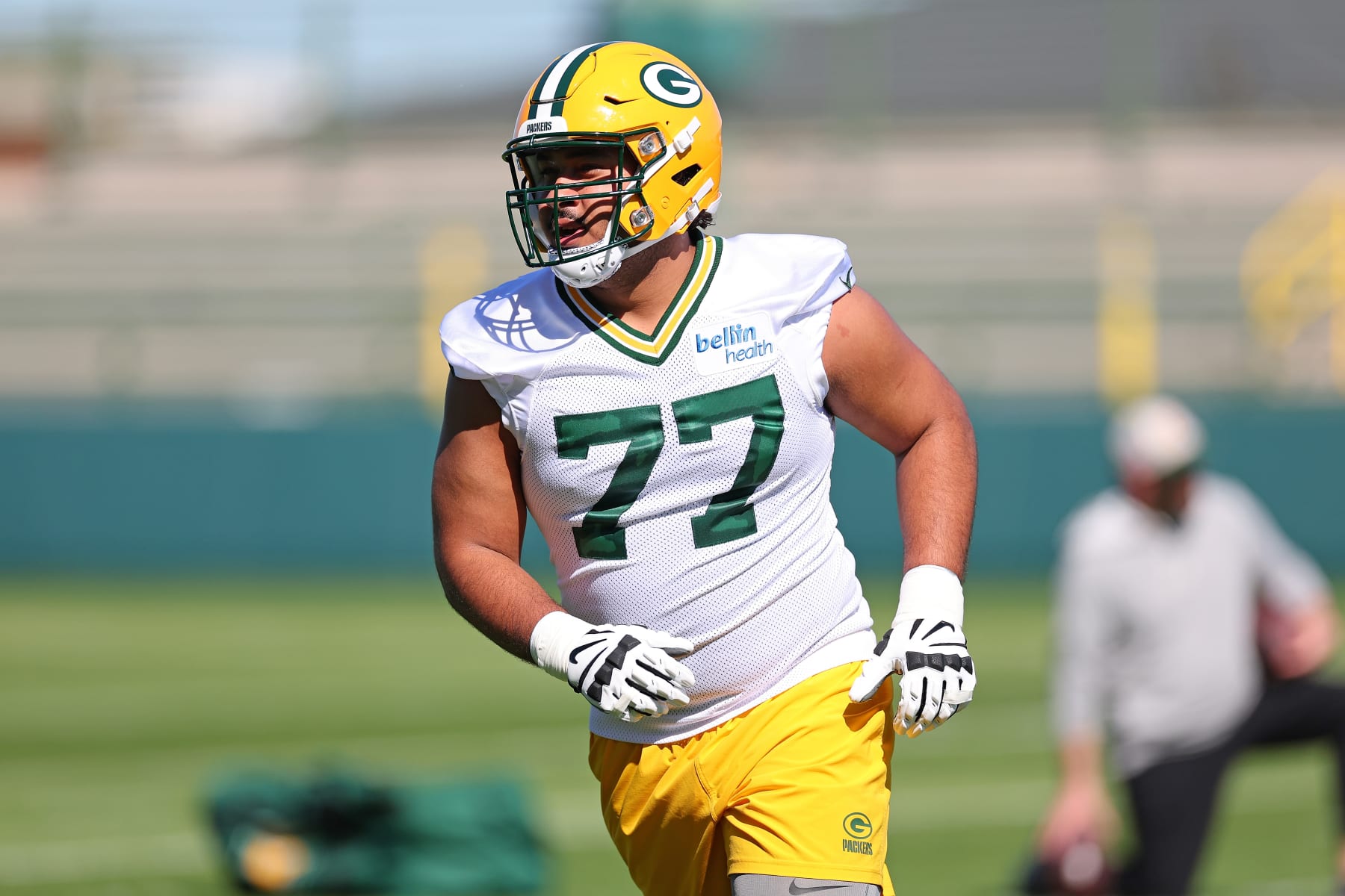 GREEN BAY, WISCONSIN - MAY 03: Jordan Morgan #77 of the Green Bay Packers participates in drills during the rookie minicamp at Ray Nitschke Field on May 03, 2024 in Green Bay, Wisconsin. (Photo by Stacy Revere/Getty Images)