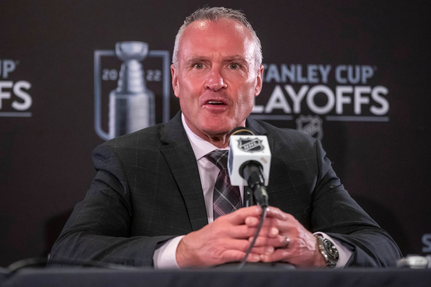 SAINT PAUL, MN - MAY 4: Minnesota Wild head coach Dean Evason speaks during the post game press conference after his team defeated the St. Louis Blues in Game Two of the First Round of the 2022 Stanley Cup Playoffs at the Xcel Energy Center on May 4, 2022 in Saint Paul, Minnesota. (Photo by Bruce Kluckhohn/NHLI via Getty Images)