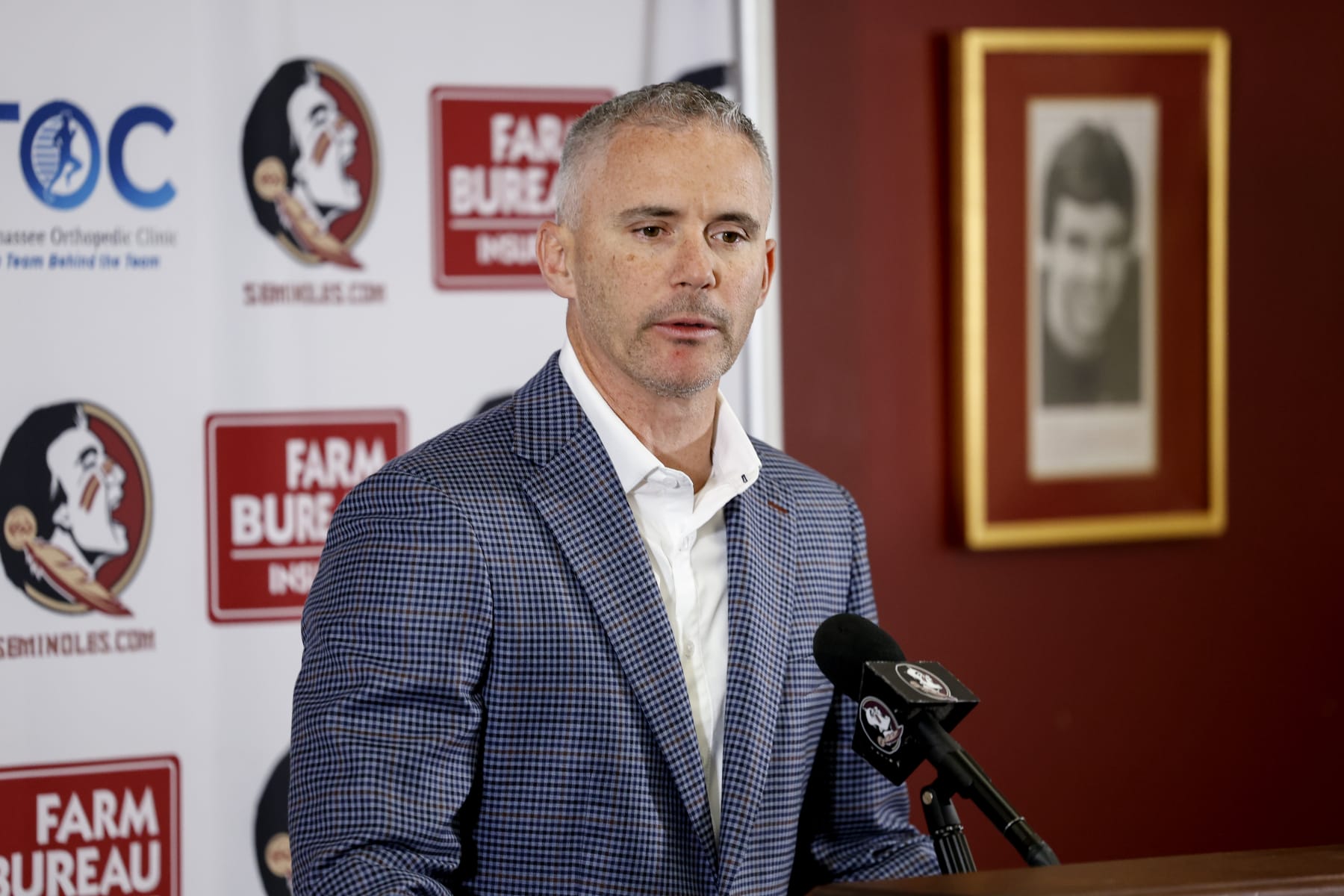 TALLAHASSEE, FL - MARCH 18: Head Coach Mike Norvell of the Florida State Seminoles talk with the media during his spring football press conference at the Moore Athletic Center on the campus of Florida State University on March 18, 2024 in Tallahassee, Florida. Norvell begins his fifth season leading the Seminoles football program whom is fresh off the first ACC Championship in nearly a decade. (Photo by Don Juan Moore/Getty Images)