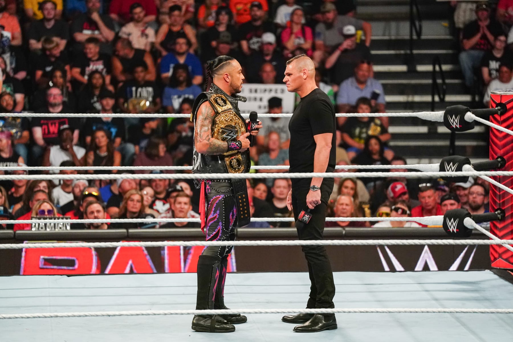 DAYTON, OHIO - JULY 15: Damian Priest and Gunther face off during Monday Night RAW at WSU Nutter Center on July 15, 2024 in Dayton, Ohio. (Photo by WWE/Getty Images)