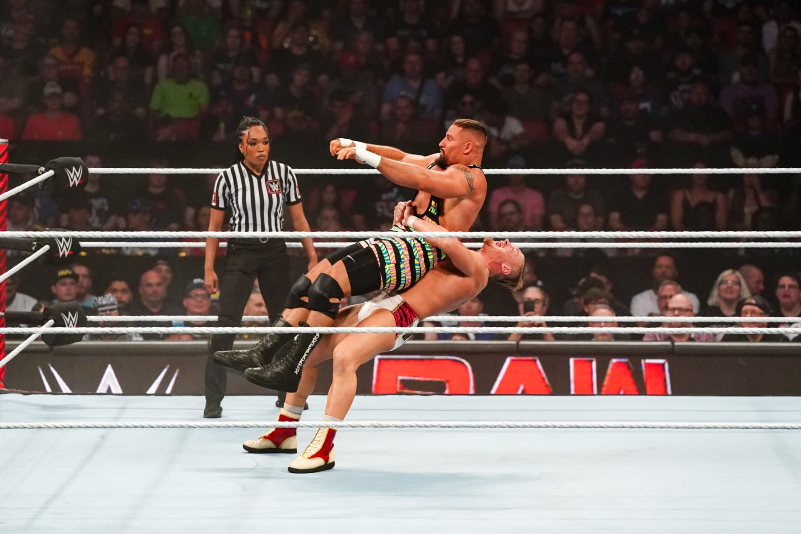 OTTAWA, CANADA - JULY 8: Ilja Dragunov performs a German Suplex on Bron Breakker during Monday Night RAW at Canadian Tire Centre on July 8, 2024 in Ottawa, Ontario.  (Photo by WWE/Getty Images)