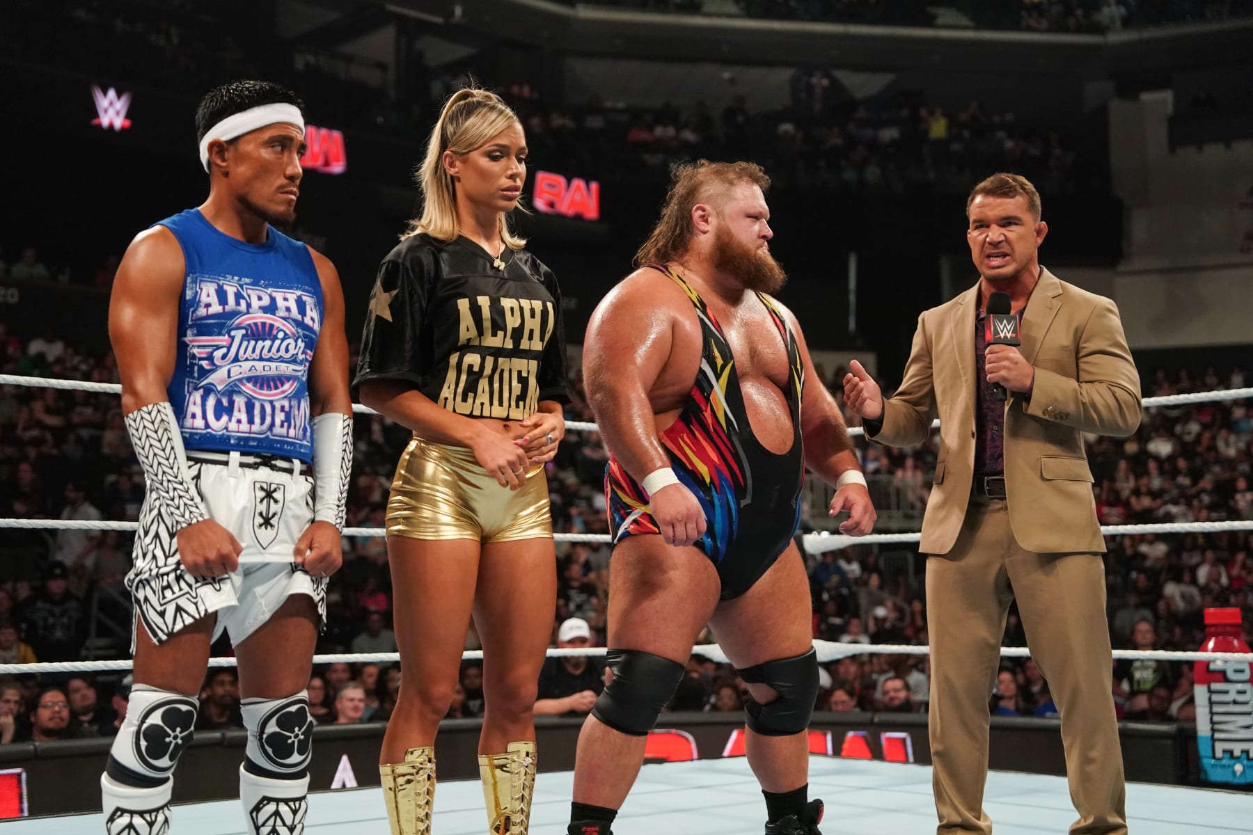 SAVANNAH, GEORGIA - MAY 27: Chad Gable disciplines Alpha Academy during Monday Night RAW at Enmarket Arena on May 27, 2024 in Savannah, Georgia. (Photo by WWE/Getty Images)