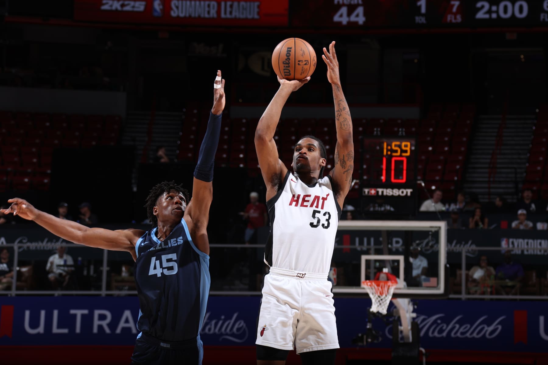 LAS VEGAS, NV - JULY 22: Josh Christopher #53 of the Miami Heat shoots the ball during the game against the Memphis Grizzlies on July 22, 2024 at the Thomas & Mack Center in Las Vegas, Nevada. NOTE TO USER: User expressly acknowledges and agrees that, by downloading and or using this photograph, User is consenting to the terms and conditions of the Getty Images License Agreement. Mandatory Copyright Notice: Copyright 2024 NBAE (Photo by Stephen Gosling/NBAE via Getty Images)