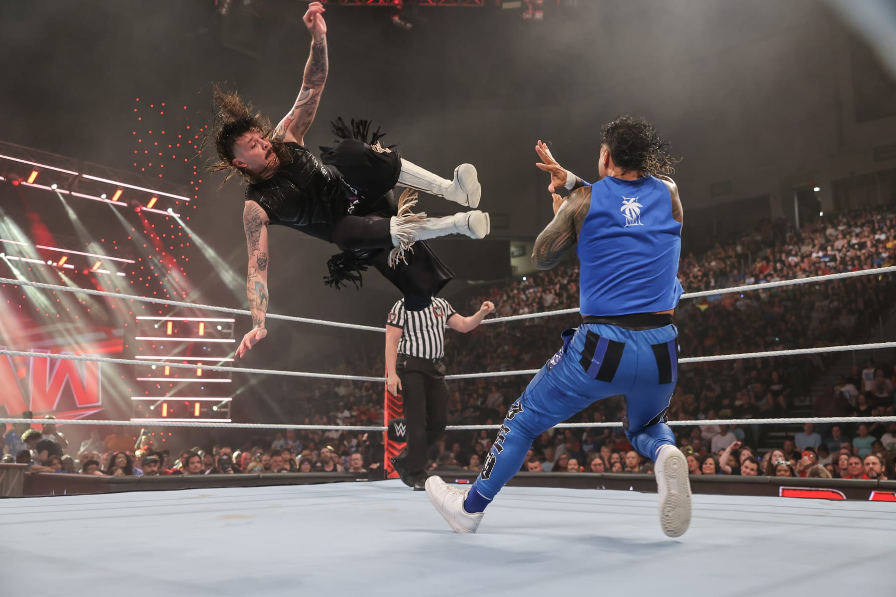 DAYTON, OHIO - JULY 15: Dominik Mysterio in action against Jey Uso during Monday Night RAW at WSU Nutter Center on July 15, 2024 in Dayton, Ohio. (Photo by WWE/Getty Images)