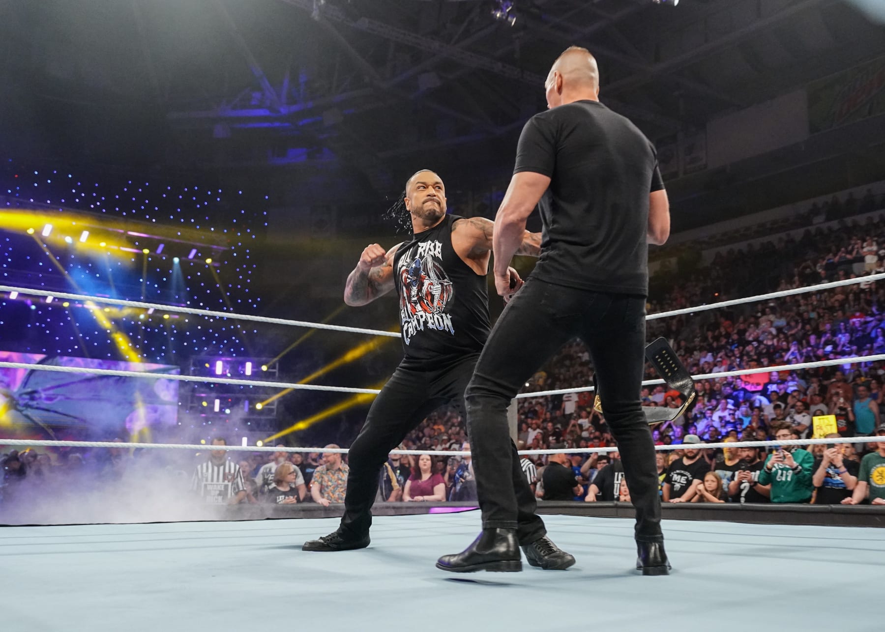 GREEN BAY, WISCONSIN - JULY 22: Damian Priest in action against Gunther during Monday Night RAW at Resch Center on July 22, 2024 in Green Bay, Wisconsin. (Photo by WWE/Getty Images)