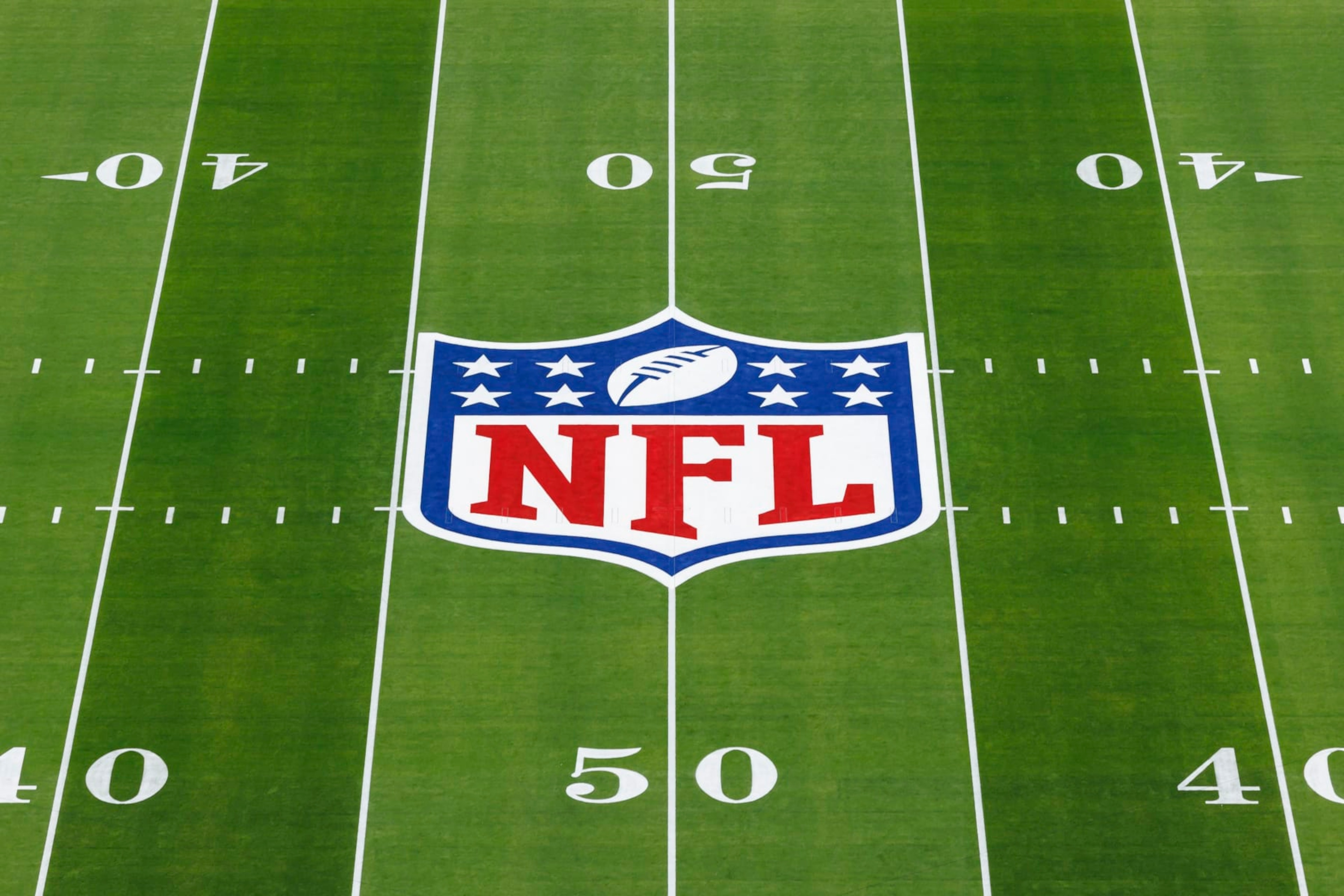 LAS VEGAS, NEVADA - FEBRUARY 11: A detail view of the NFL shield logo painted on the field before Super Bowl LVIII between the Kansas City Chiefs and San Francisco 49ers at Allegiant Stadium on February 11, 2024 in Las Vegas, Nevada. (Photo by Ryan Kang/Getty Images) LAS VEGAS, NEVADA - FEBRUARY 11: A detail view of the NFL shield logo painted on the field before Super Bowl LVIII between the Kansas City Chiefs and San Francisco 49ers at Allegiant Stadium on February 11, 2024 in Las Vegas, Nevada. (Photo by Ryan Kang/Getty Images)
