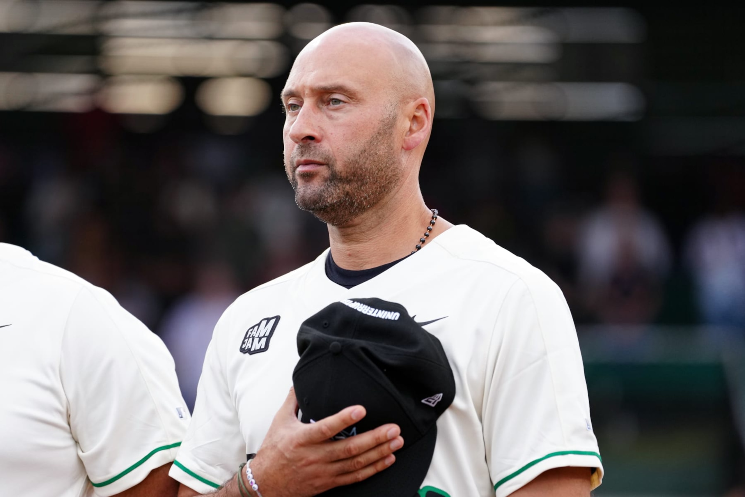 BIRMINGHAM, AL - JUNE 19: MLB Hall of Famer Derek Jeter looks on prior to the 2024 Barnstorm Birmingham Celebrity Softball Game between the Say Heys and the Hammers at Rickwood Field on Wednesday, June 19, 2024 in Birmingham, Alabama. (Photo by Mary DeCicco/MLB Photos via Getty Images) BIRMINGHAM, AL - JUNE 19: MLB Hall of Famer Derek Jeter looks on prior to the 2024 Barnstorm Birmingham Celebrity Softball Game between the Say Heys and the Hammers at Rickwood Field on Wednesday, June 19, 2024 in Birmingham, Alabama. (Photo by Mary DeCicco/MLB Photos via Getty Images)