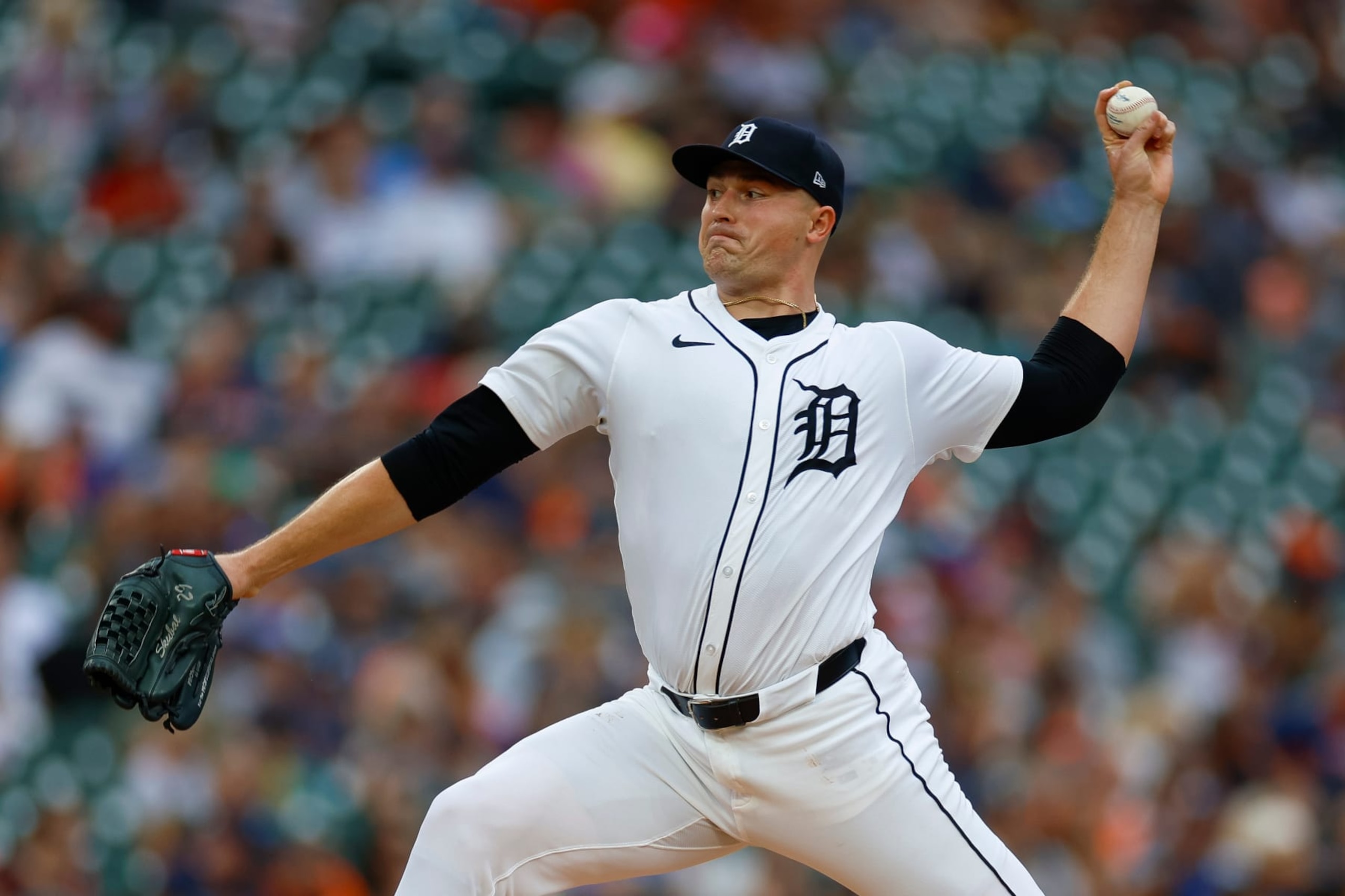 DETROIT, MICHIGAN - JUNE 25: Tarik Skubal #29 of the Detroit Tigers throws a pitch in the second inning against the Philadelphia Phillies at Comerica Park on June 25, 2024 in Detroit, Michigan. (Photo by Brandon Sloter/Image Of Sport/Getty Images)