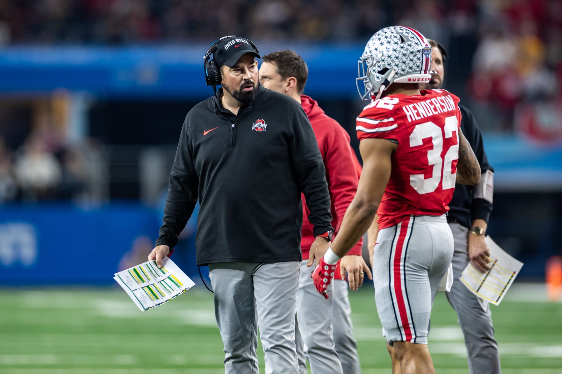 ARLINGTON, TX - DECEMBER 29: Ohio State Buckeyes head coach Ryan Day talks to running back TreVeyon Henderson (#32) during the Goodyear Cotton Bowl Classic football game between the Ohio State Buckeyes and Missouri Tigers on December 29, 2023 at AT&T Stadium in Arlington, TX.  (Photo by Matthew Visinsky/Icon Sportswire via Getty Images)