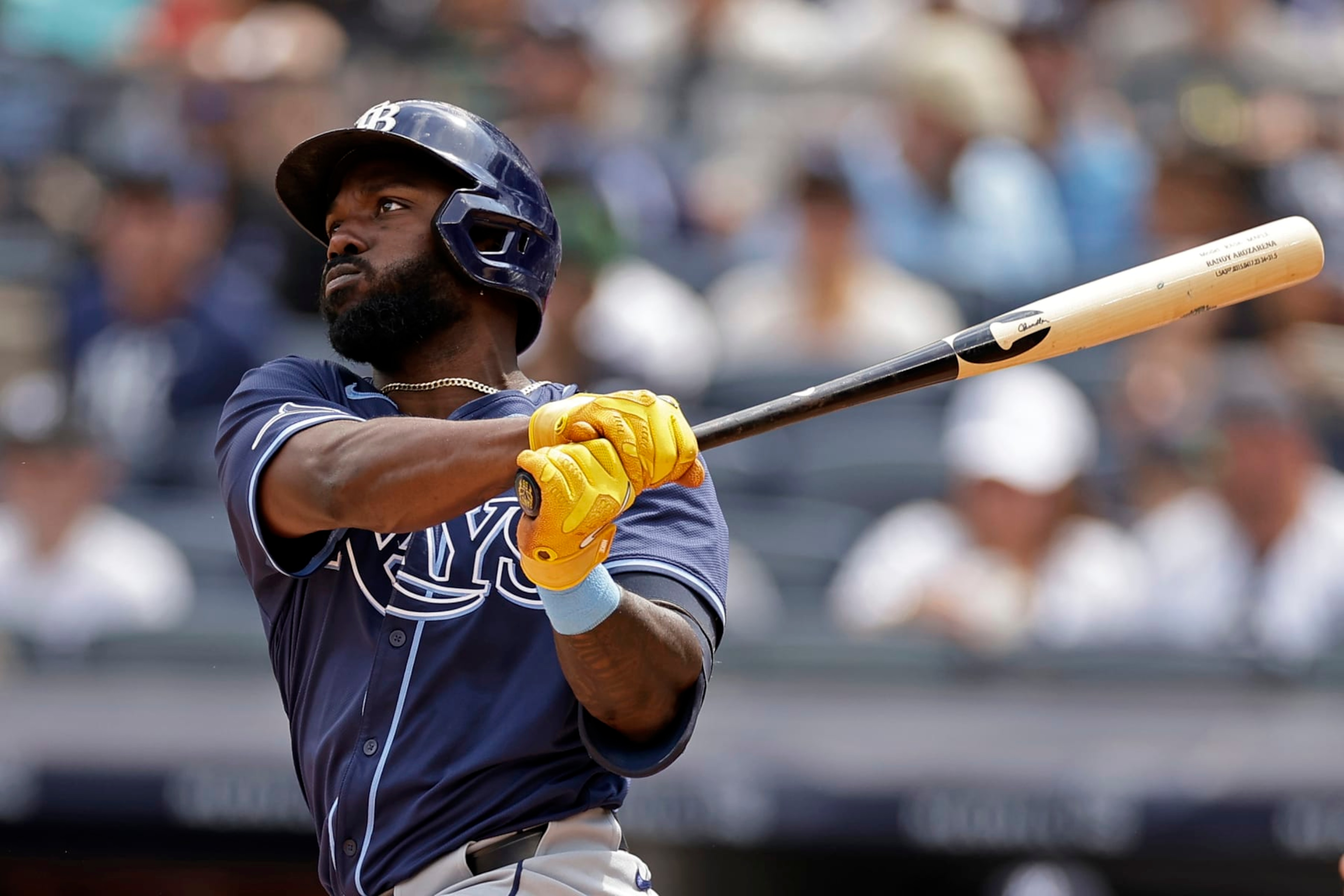 NEW YORK, NY - JULY 21: Randy Arozarena #56 of the Tampa Bay Rays hits a home run during the fourth inning against the New York Yankees at Yankee Stadium on July 21, 2024 in New York City. (Photo by Adam Hunger/Getty Images) NEW YORK, NY - JULY 21: Randy Arozarena #56 of the Tampa Bay Rays hits a home run during the fourth inning against the New York Yankees at Yankee Stadium on July 21, 2024 in New York City. (Photo by Adam Hunger/Getty Images)