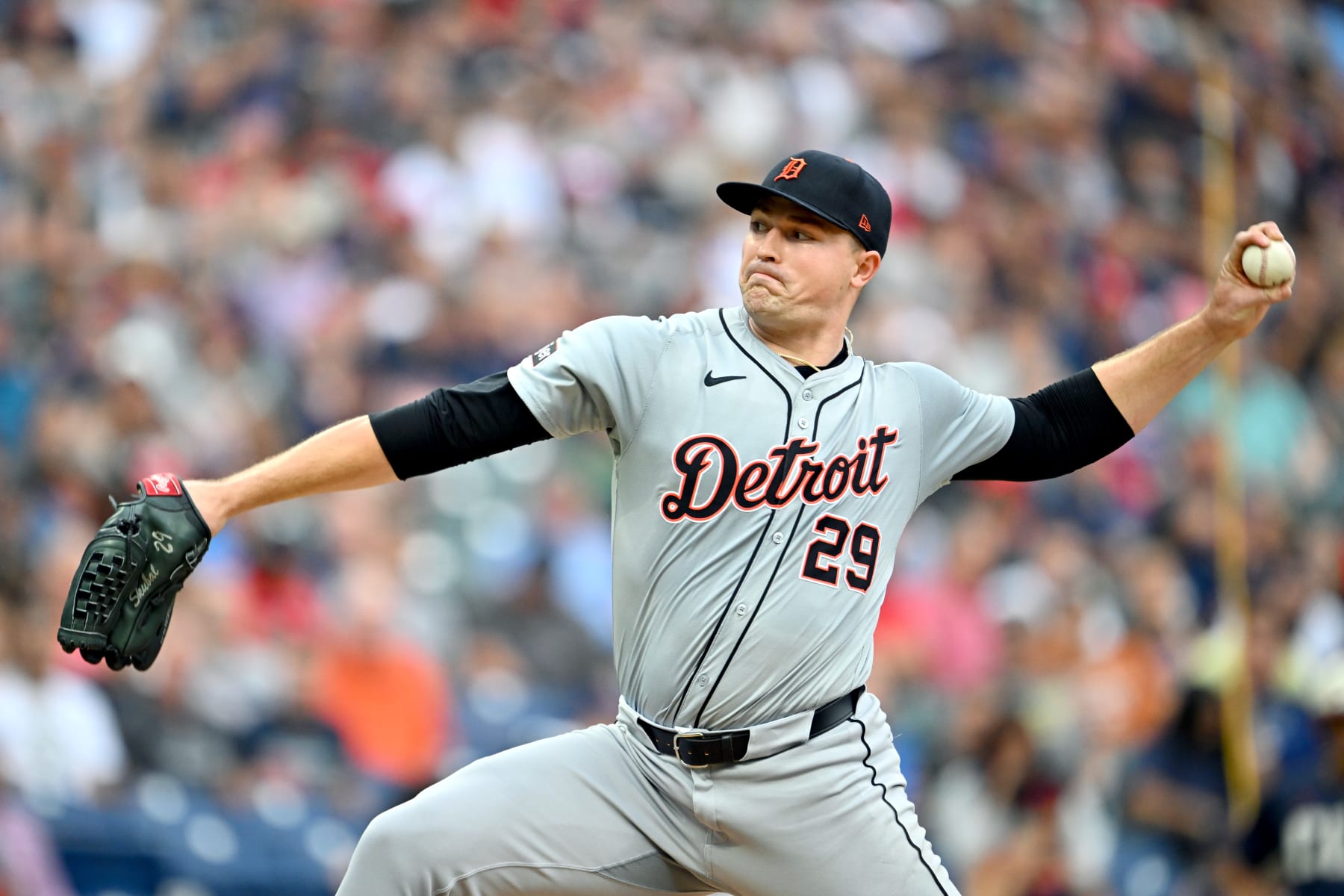 CLEVELAND, OHIO - JULY 22: Starter Tarik Skubal #29 of the Detroit Tigers pitches during the first inning against the Cleveland Guardians at Progressive Field on July 22, 2024 in Cleveland, Ohio. (Photo by Jason Miller/Getty Images)