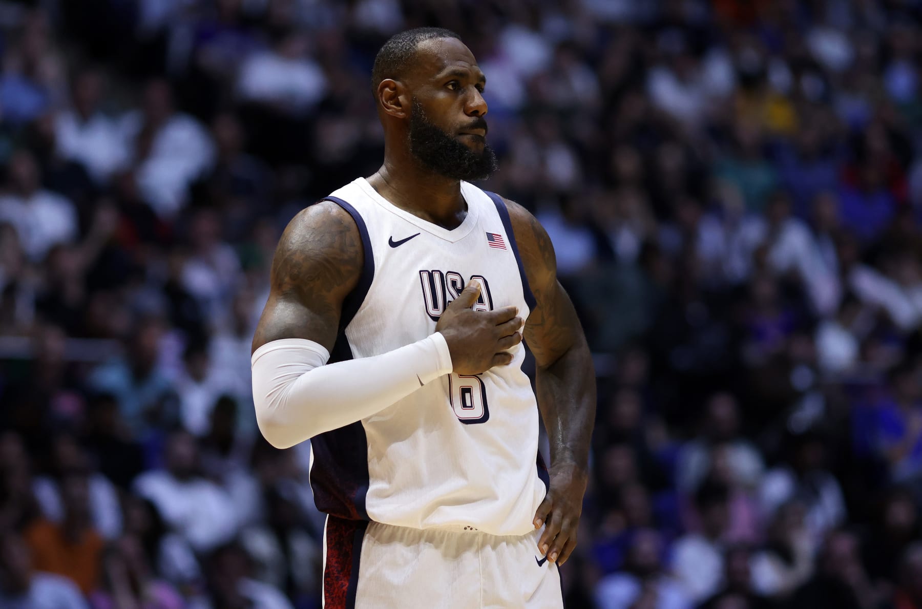 LONDON, ENGLAND - JULY 22: LeBron James of The United States looks on during the 2024 USA Basketball Showcase match between USA and Germany at The O2 Arena on July 22, 2024 in London, England. (Photo by Paul Harding/Getty Images)
