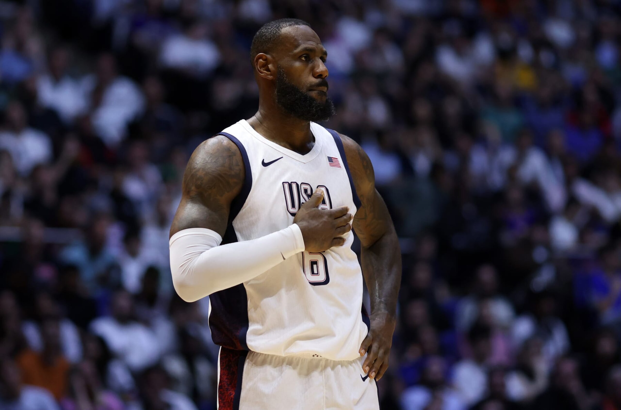 LONDON, ENGLAND - JULY 22: LeBron James of The United States looks on during the 2024 USA Basketball Showcase match between USA and Germany at The O2 Arena on July 22, 2024 in London, England. (Photo by Paul Harding/Getty Images)