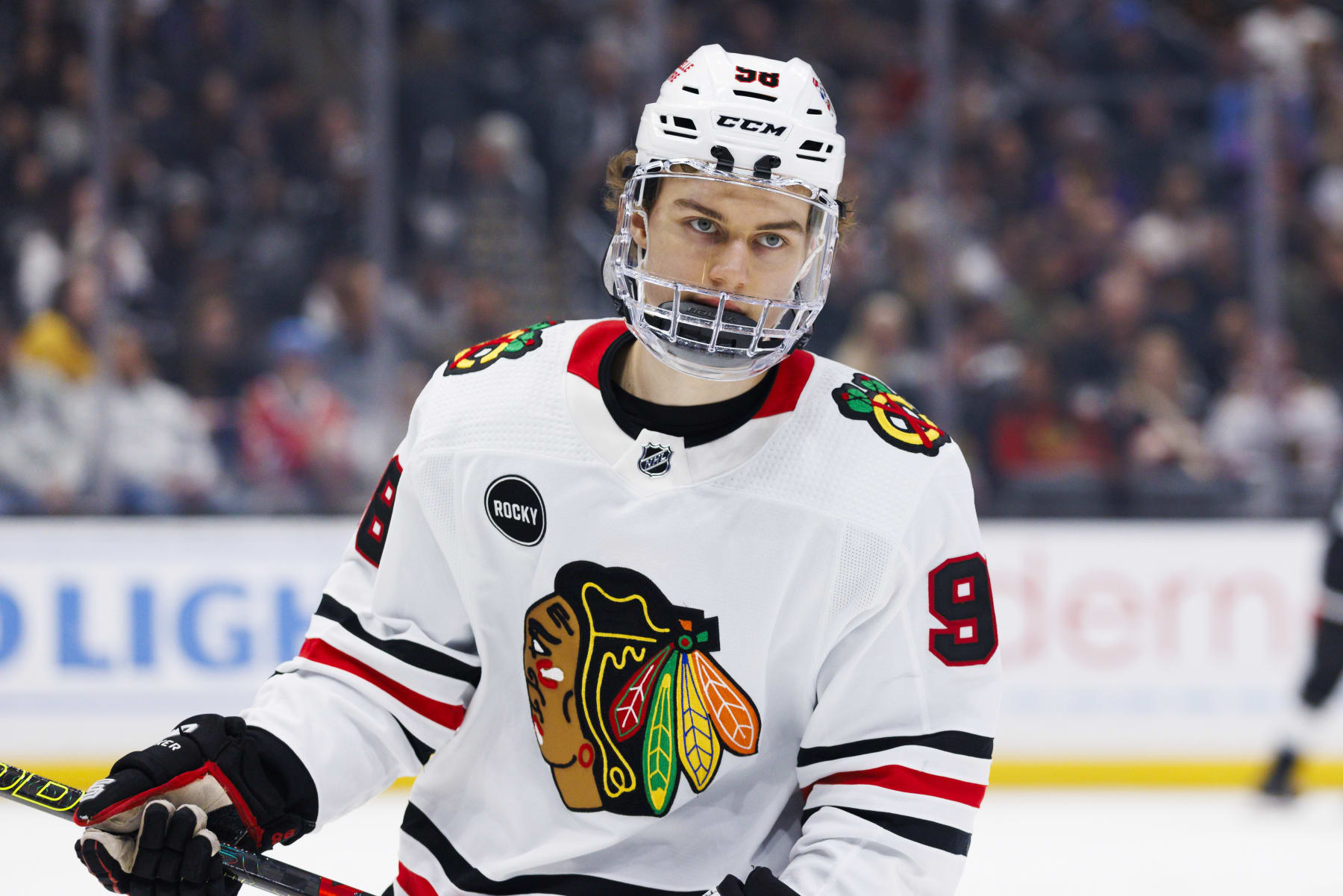 LOS ANGELES, CA - APRIL 18: Chicago Blackhawks center Connor Bedard (98) during an NHL hockey game against the Los Angeles Kings on April 18, 2024 at Crypto.com Arena in Los Angeles, CA. (Photo by Ric Tapia/Icon Sportswire via Getty Images)