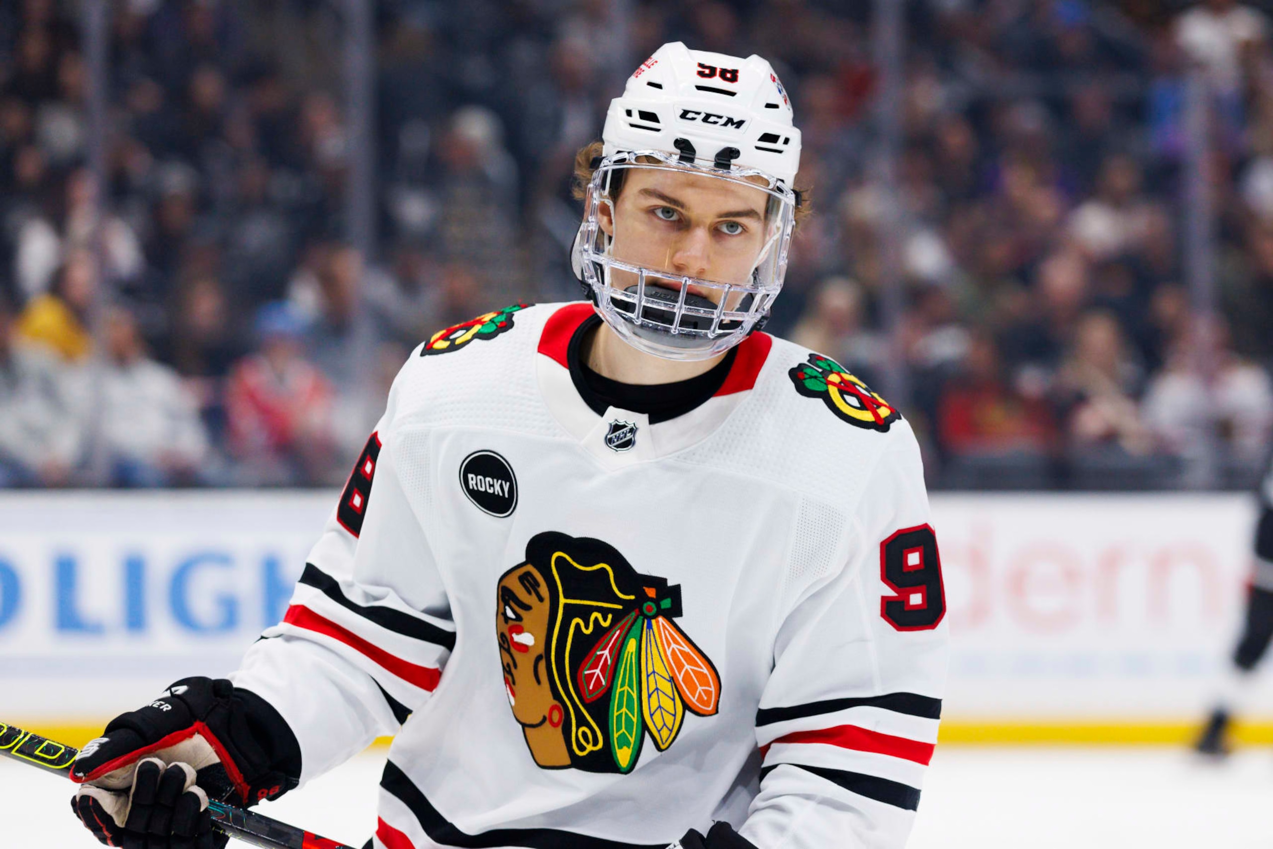 LOS ANGELES, CA - APRIL 18: Chicago Blackhawks center Connor Bedard (98) during an NHL hockey game against the Los Angeles Kings on April 18, 2024 at Crypto.com Arena in Los Angeles, CA. (Photo by Ric Tapia/Icon Sportswire via Getty Images)