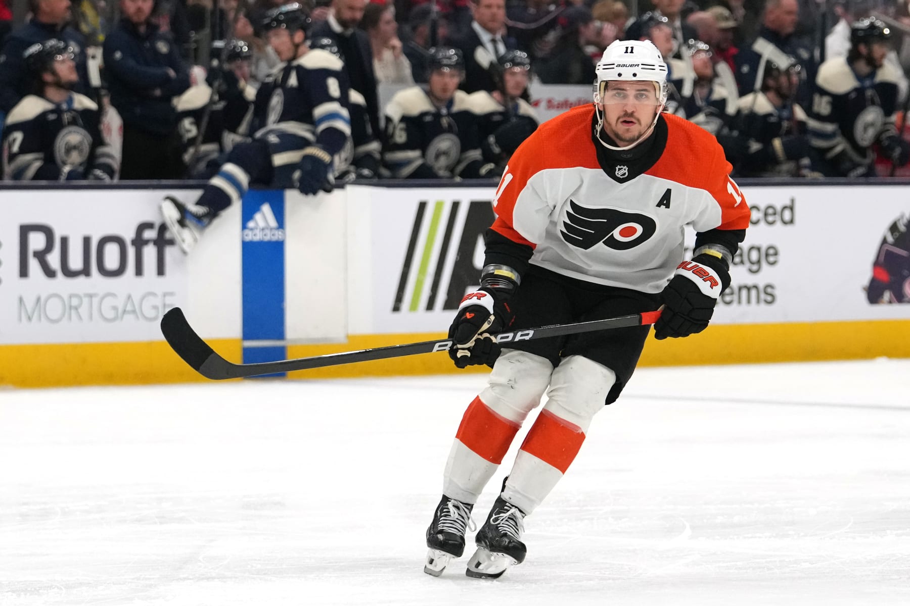 COLUMBUS, OHIO - APRIL 06: Travis Konecny #11 of the Philadelphia Flyers skates during the third period against the Columbus Blue Jackets at Nationwide Arena on April 06, 2024 in Columbus, Ohio. (Photo by Jason Mowry/Getty Images)