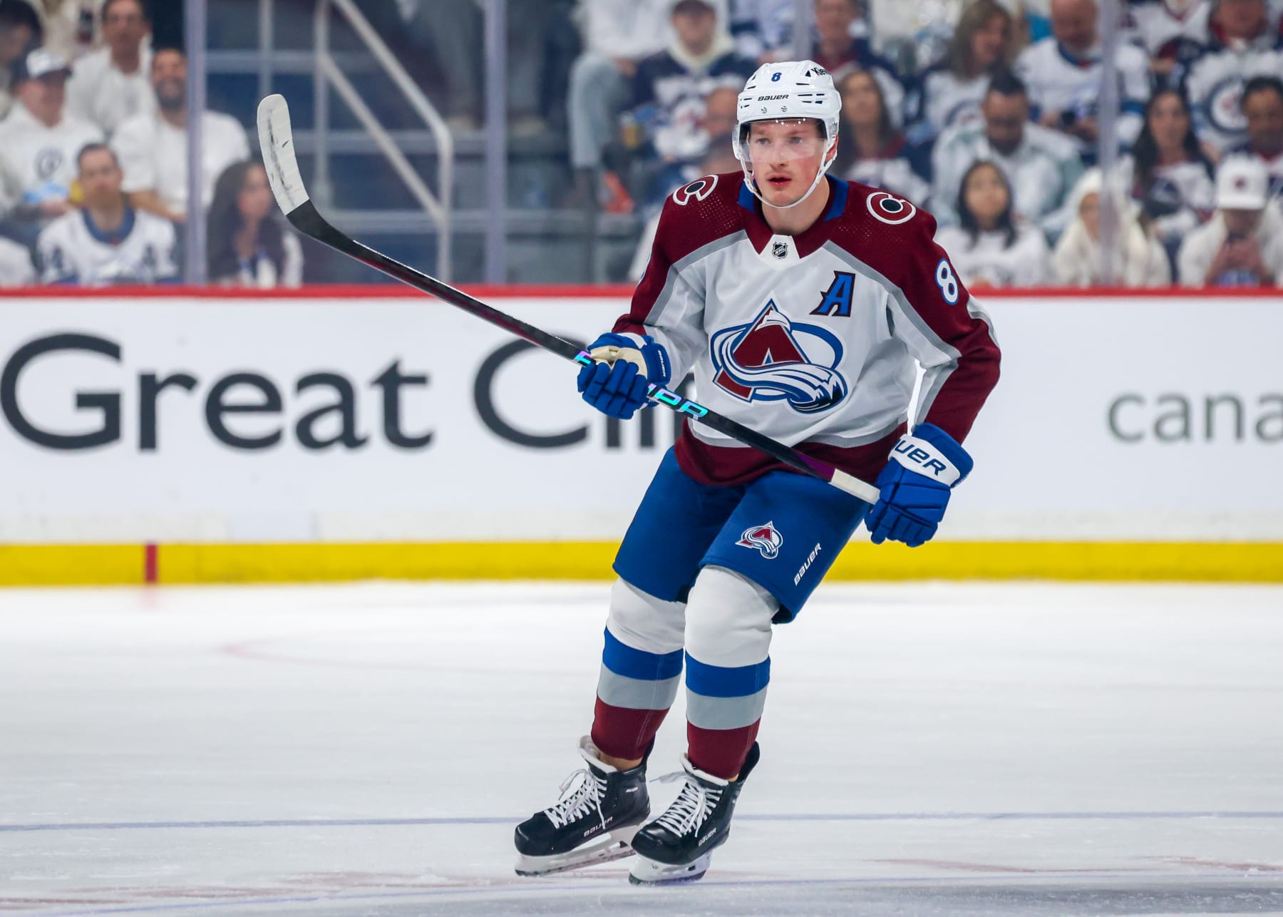 WINNIPEG, CANADA - APRIL 23: Cale Makar #8 of the Colorado Avalanche skates during first period action against the Winnipeg Jets in Game Two of the First Round of the 2024 Stanley Cup Playoffs at Canada Life Centre on April 23, 2024 in Winnipeg, Manitoba, Canada. (Photo by Jonathan Kozub/NHLI via Getty Images)