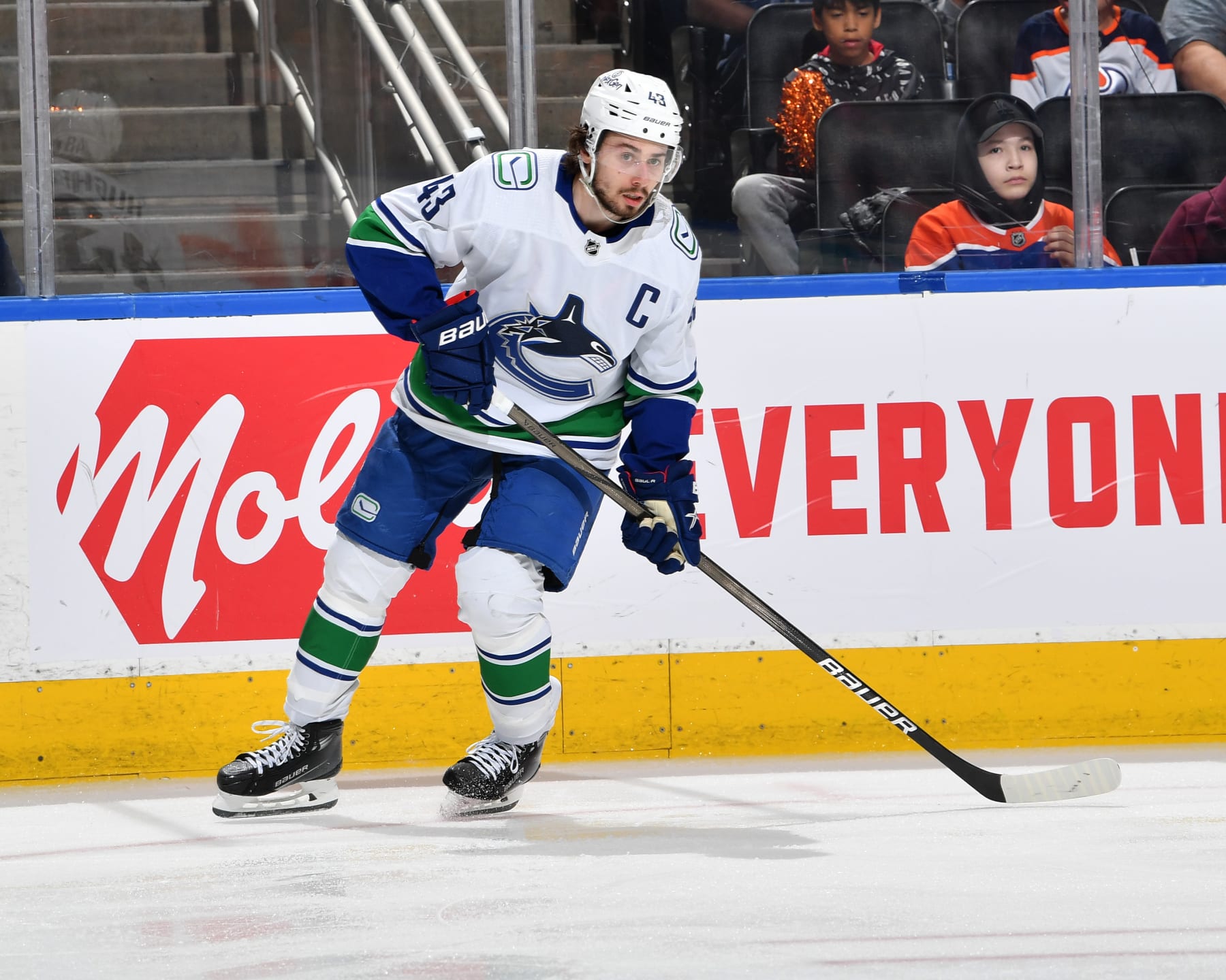 EDMONTON, CANADA - MAY 14: Quinn Hughes #43 of the Vancouver Canucks in action during Game Four of the Second Round of the 2024 Stanley Cup Playoffs against the Edmonton Oilers at Rogers Place on May 14, 2024, in Edmonton, Alberta, Canada. (Photo by Andy Devlin/NHLI via Getty Images)