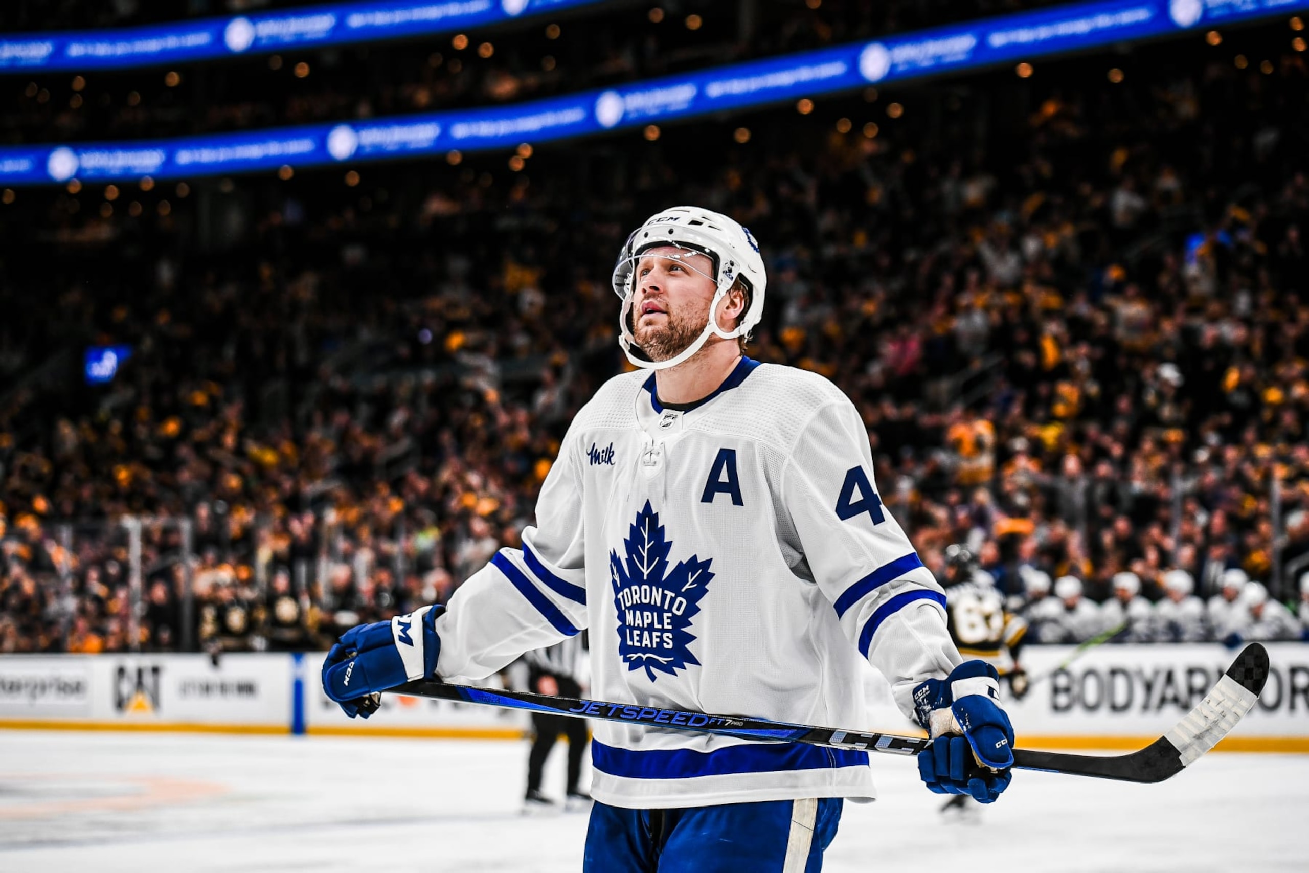 BOSTON, MASSACHUSETTS - APRIL 30: Morgan Rielly #44 of the Toronto Maple Leafs skates during the second period against the Boston Bruins in Game Five of the First Round of the 2024 Stanley Cup Playoff  at TD Garden on April 30, 2024 in Boston, Massachusetts. (Photo by China Wong/NHLI via Getty Images)