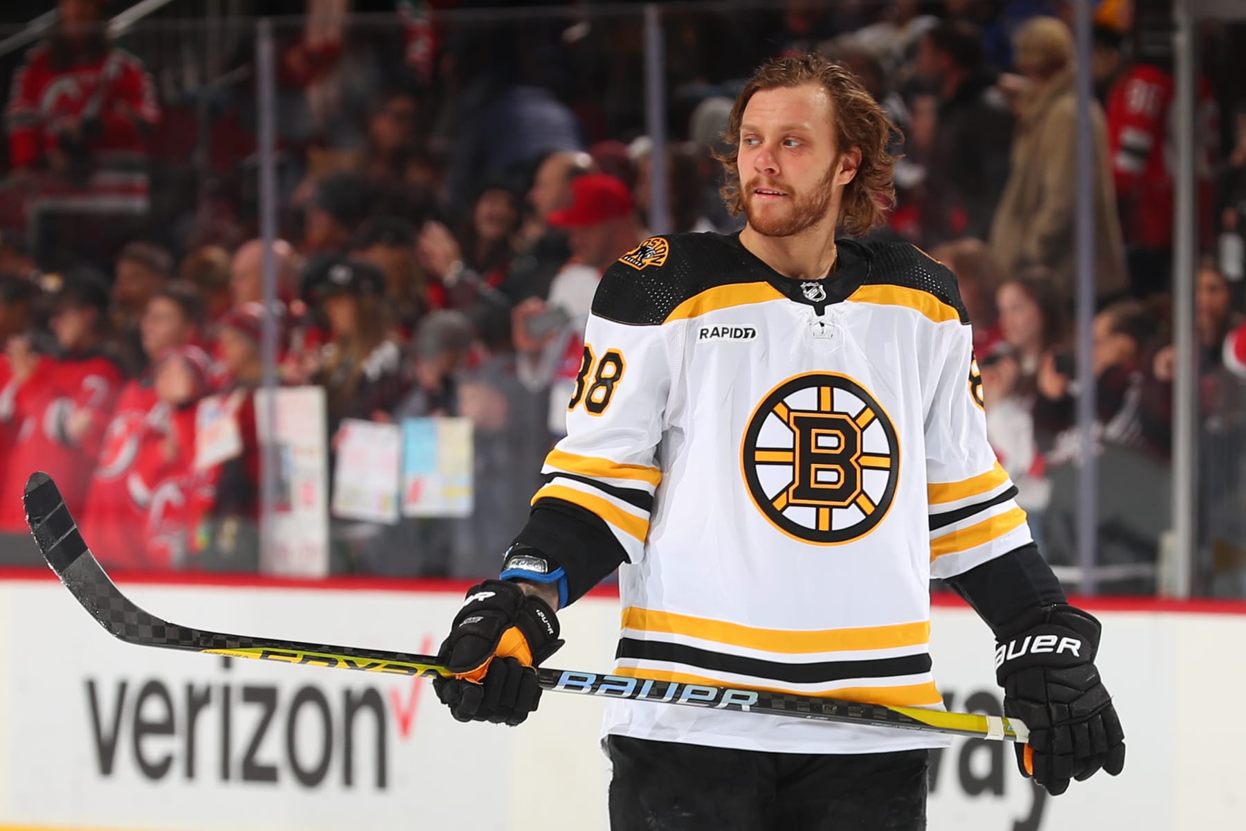 NEWARK, NJ - DECEMBER 28:  David Pastrnak #88 of the Boston Bruins warms up prior to the game against the New Jersey Devils on December 28, 2022 at the Prudential Center in Newark, New Jersey.  (Photo by Rich Graessle/NHLI via Getty Images)
