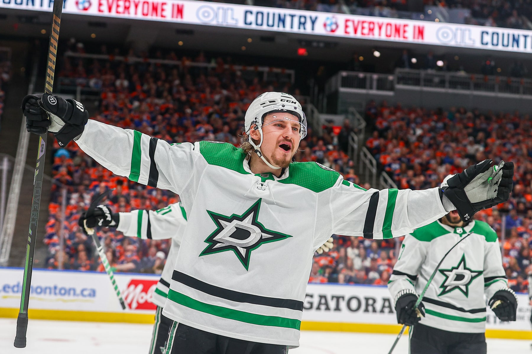 EDMONTON, AB - MAY 27: Dallas Stars Center Roope Hintz (24) celebrates a goal in the second period of game three of the Western Conference Final Round Edmonton Oilers game versus the Dallas Stars on May 27, 2024 at Rogers Place in Edmonton, AB. (Photo by Curtis Comeau/Icon Sportswire via Getty Images)