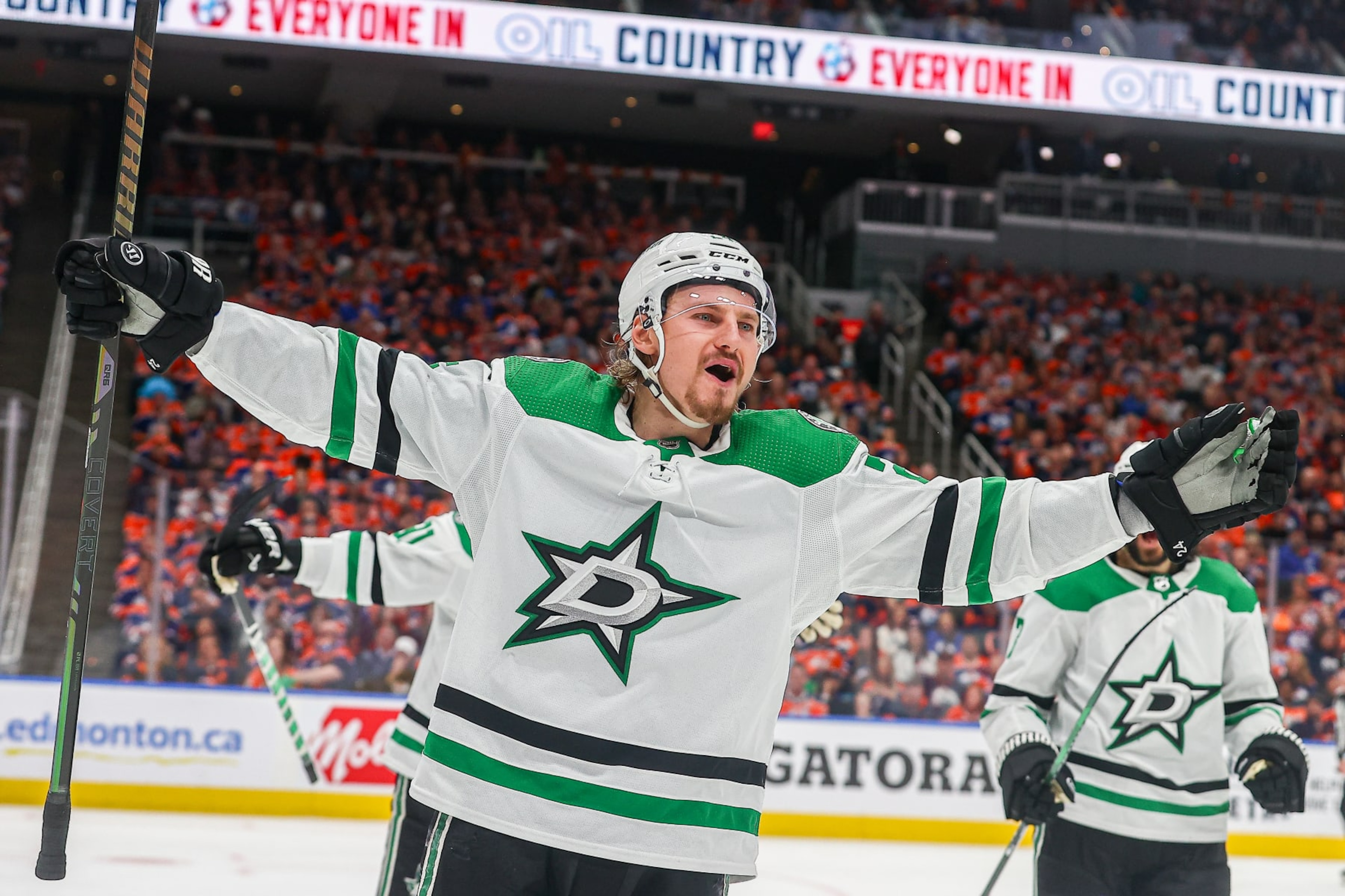 EDMONTON, AB - MAY 27: Dallas Stars Center Roope Hintz (24) celebrates a goal in the second period of game three of the Western Conference Final Round Edmonton Oilers game versus the Dallas Stars on May 27, 2024 at Rogers Place in Edmonton, AB. (Photo by Curtis Comeau/Icon Sportswire via Getty Images) EDMONTON, AB - MAY 27: Dallas Stars Center Roope Hintz (24) celebrates a goal in the second period of game three of the Western Conference Final Round Edmonton Oilers game versus the Dallas Stars on May 27, 2024 at Rogers Place in Edmonton, AB. (Photo by Curtis Comeau/Icon Sportswire via Getty Images)